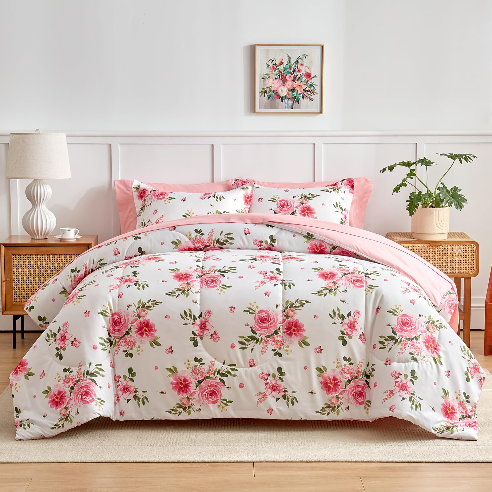 Flower Comforter Sheet Set White Bed in a Bag 7 Pieces Size, Pink Floral Microfiber Bedding Set (1 Comforter 2 Pillow Shams 1 Flat Sheet 1 Fitted Sheet 2 Pillowcases)