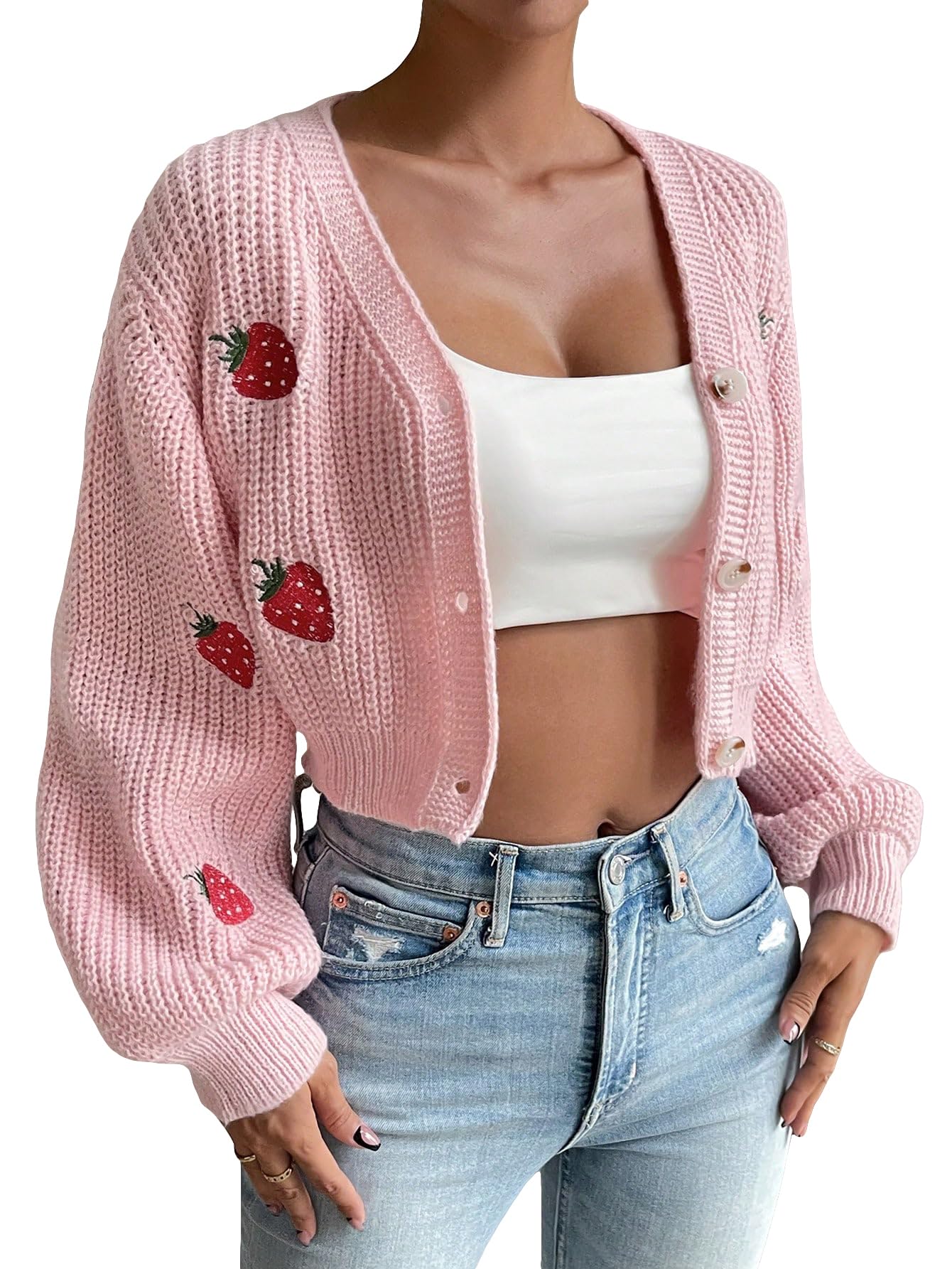 Women's Strawberry Embroidery Crop Cardigan Drop Shoulder Button Up Sweater Tops V Neck Outerwear