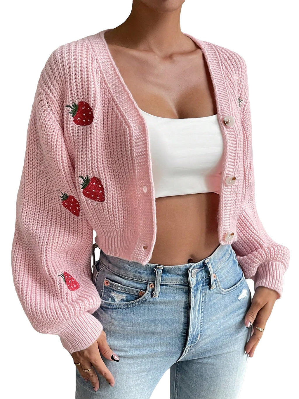 Women's Strawberry Embroidery Crop Cardigan Drop Shoulder Button Up Sweater Tops V Neck Outerwear