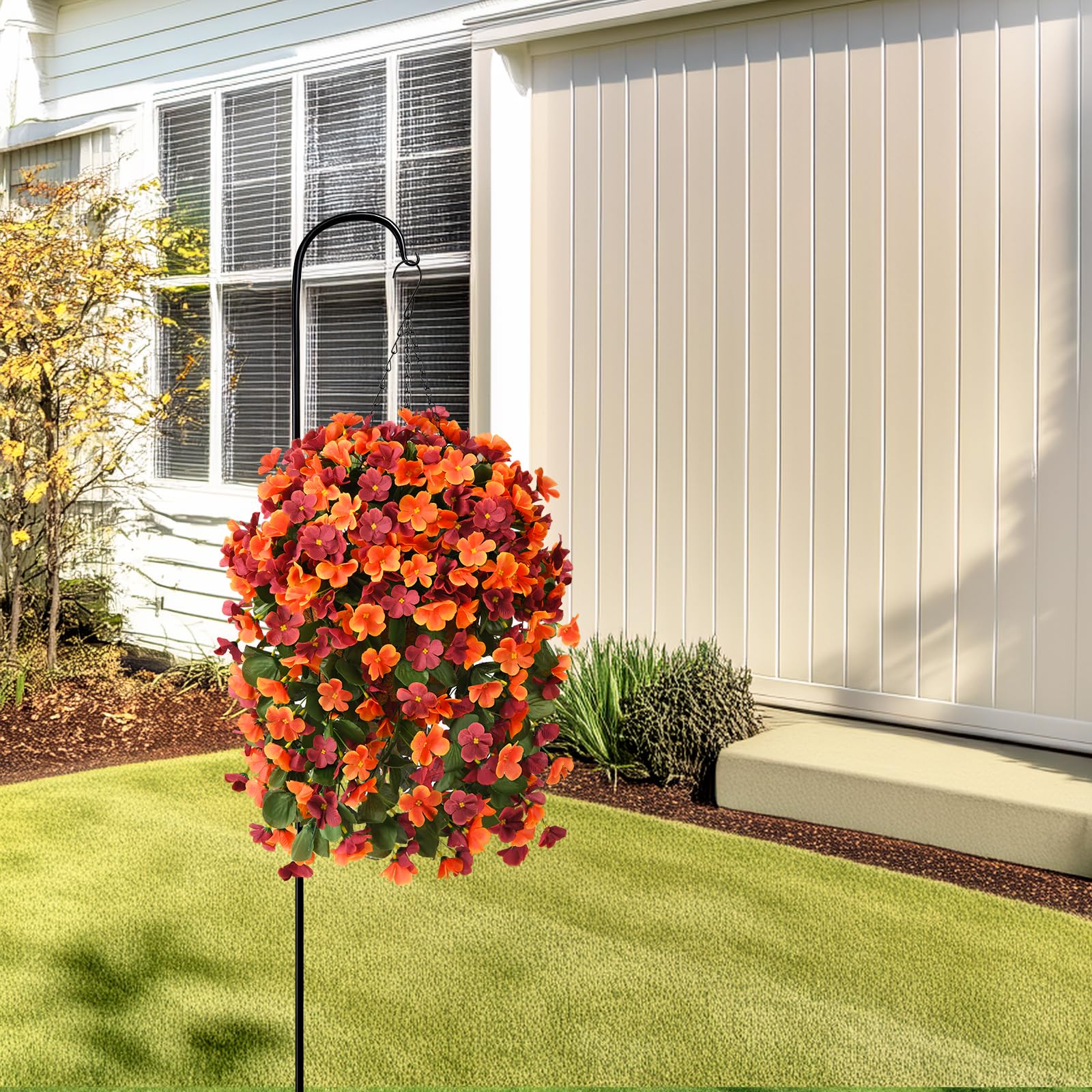 Hanging Flowers Basket for Outdoors Spring Decoration, Faux Silk Begonia in Planter Look Real UV Resistant for Outside