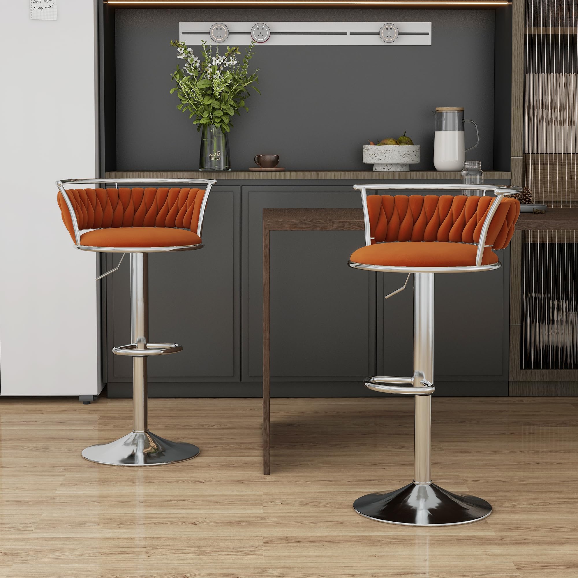 Velvet Swivel Bar Stools, Adjustable Counter Height Bar Chairs with Low Back & Footrest, Modern Gold Bar Stools for Kitchen Island, Bar Pub