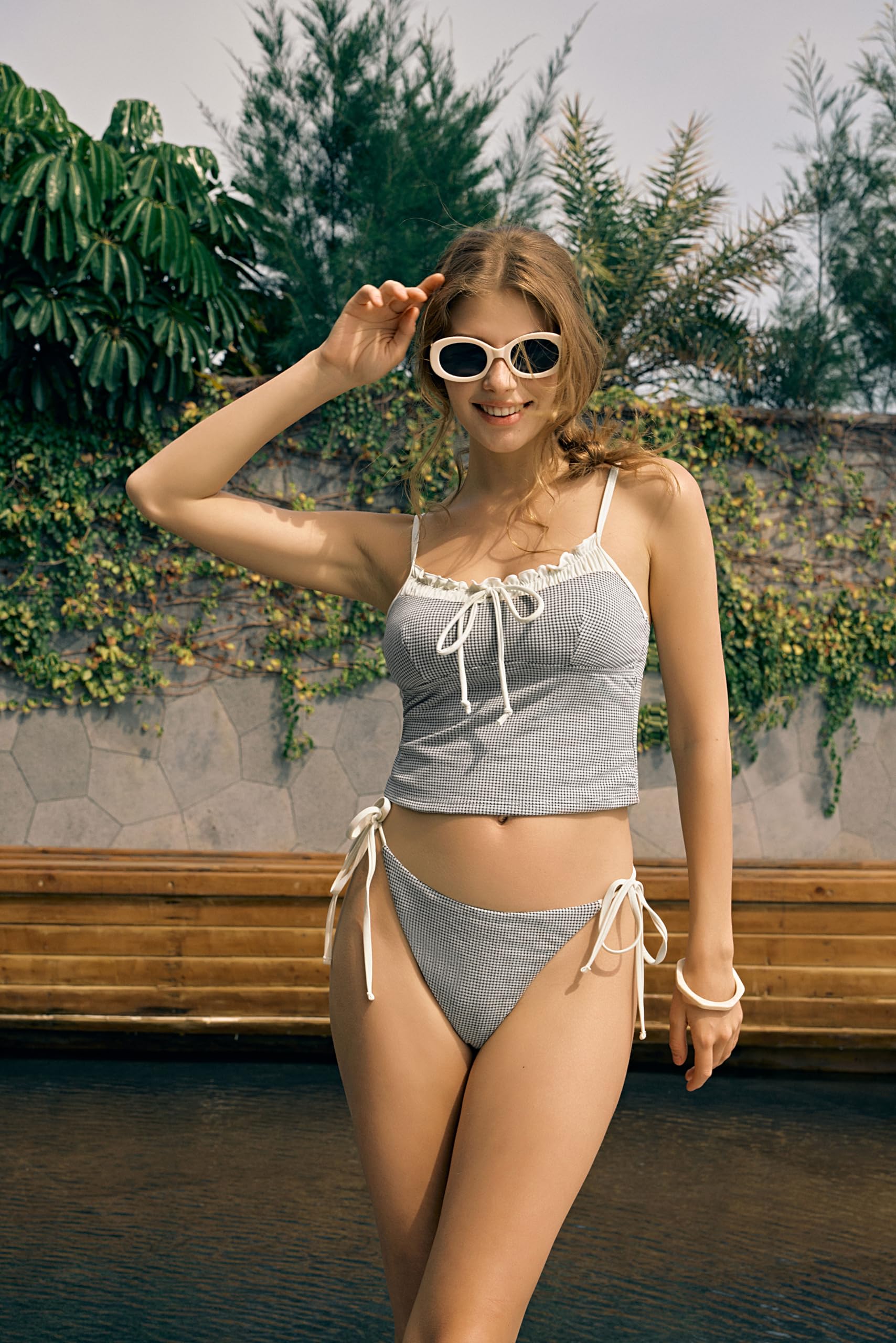 Tankini Swimsuits for Women Tie Front Tummy Control Spliced Ruffles Bikini Sets Two Piece Bathing Suits