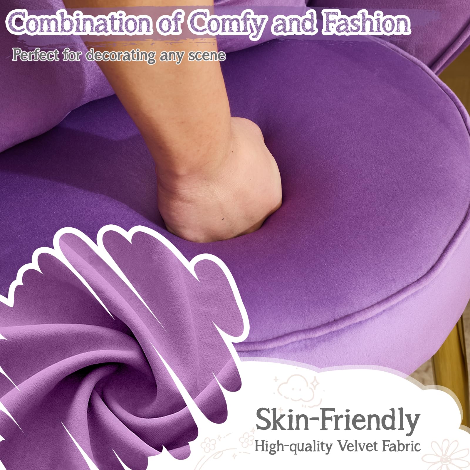 Cute, non-wheeled desk chair with backrest, fluffy cushion, cozy makeup chair with adjustable golden legs