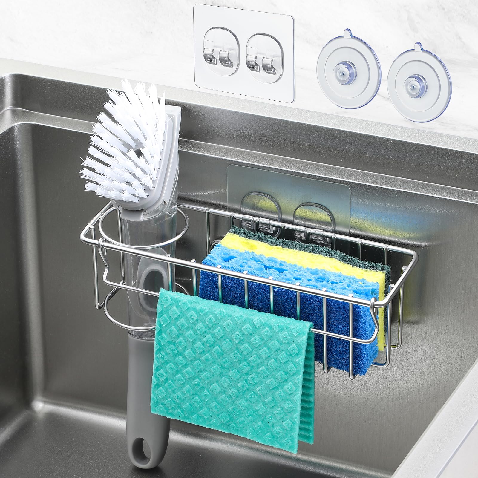 Sponge Holder for Kitchen Sink with Suction Cups & Adhesive Hook, In-sink Sponge Holder, Wall Hanging Sink Caddy Organizer Rack 3-In-1