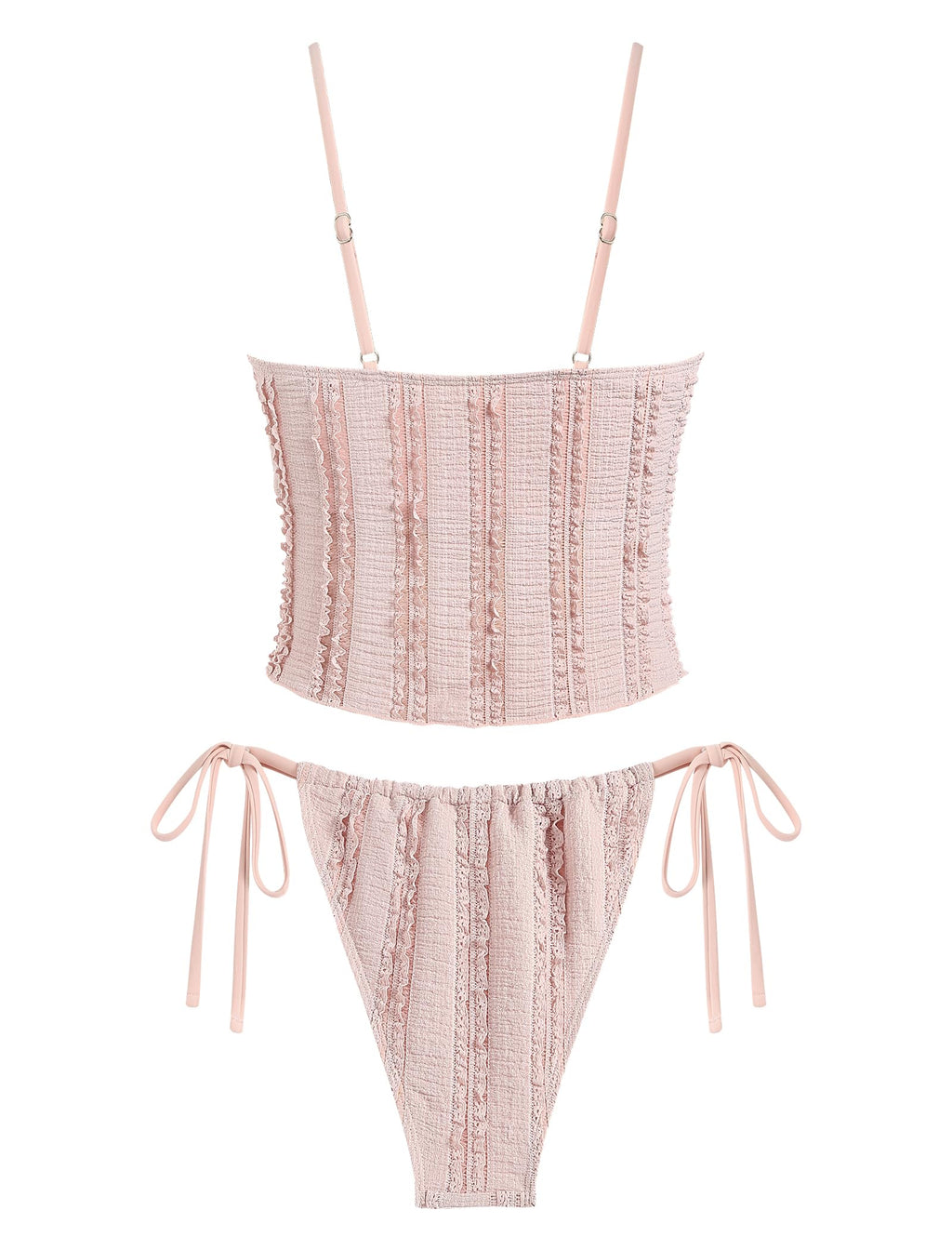 Tankini Swimsuits for Women Smocked Ruffles Tie Front Bowknot Textured High Cut Tanga Tankini Set