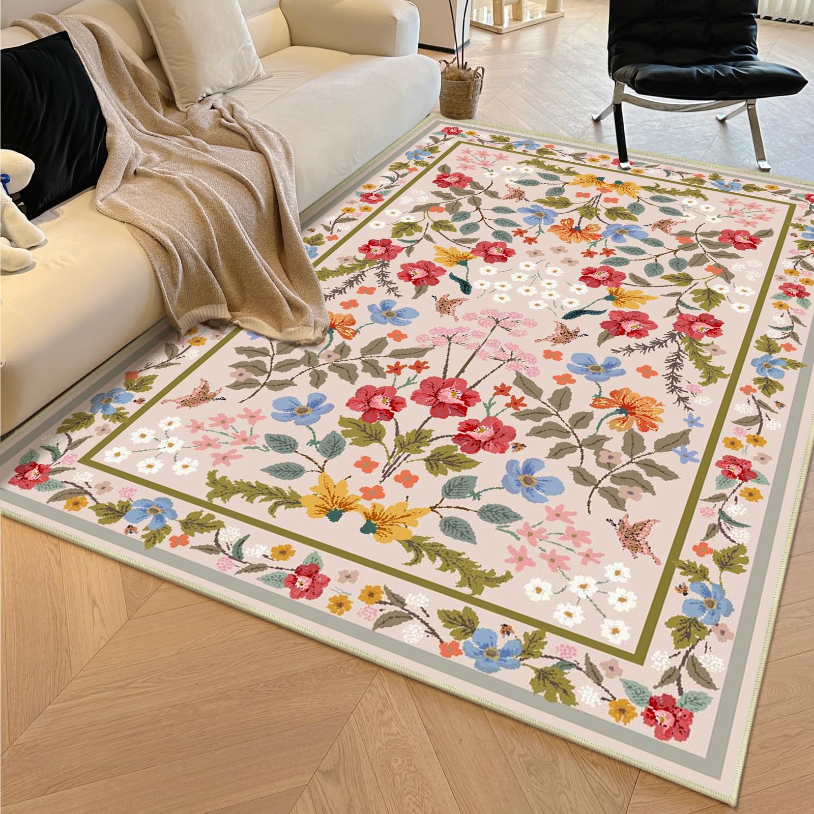 Washable Area Rug Non-Slip Area Rugs for Bedroom Soft Faux Wool Floral Rug with Rubber Backing Indoor Boho Area Rug