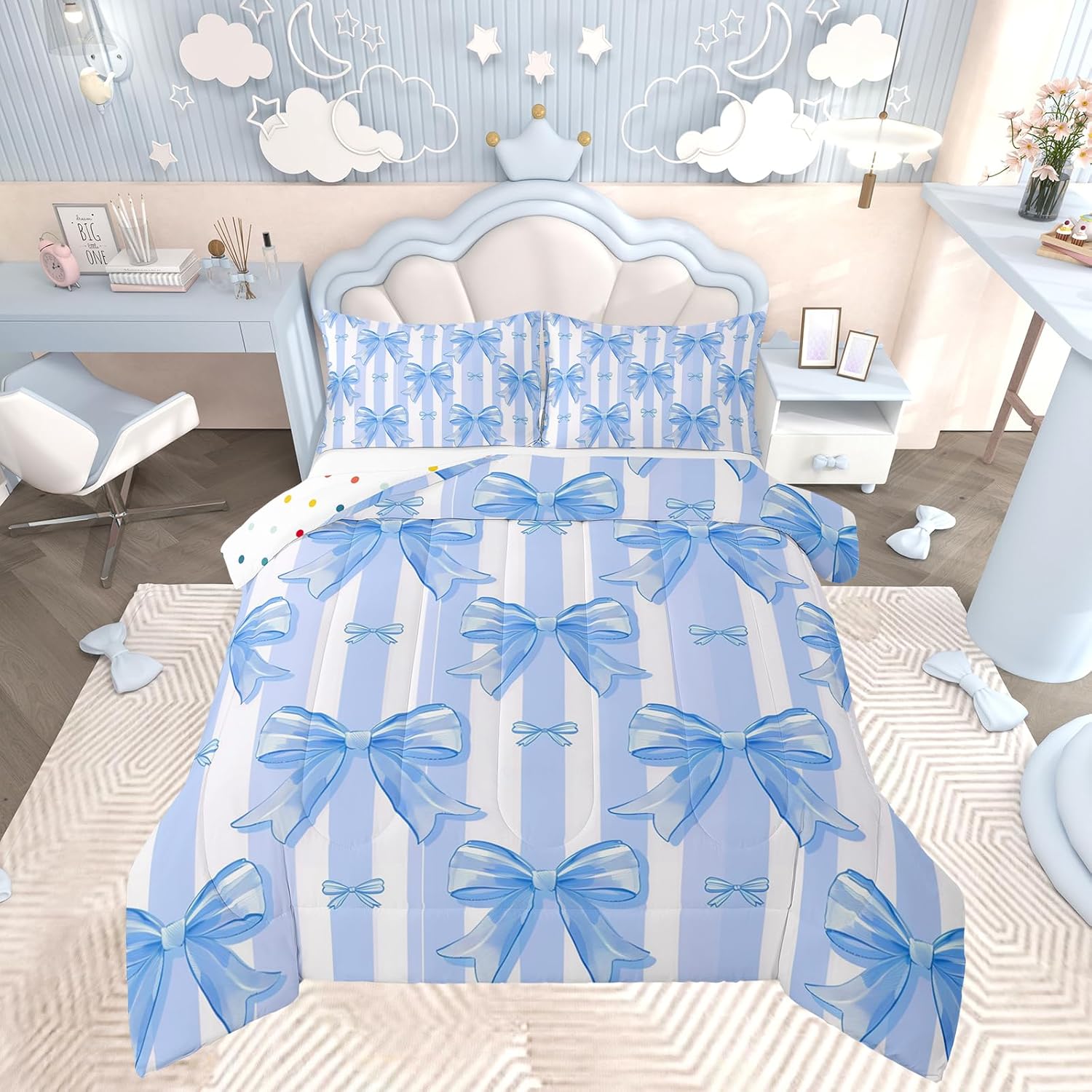 Floral Bowknot Comforter Set,Pink Bow Tie Print Bedding Set Cute Bow Flower Comforter Princess Style Bed Set for All Season