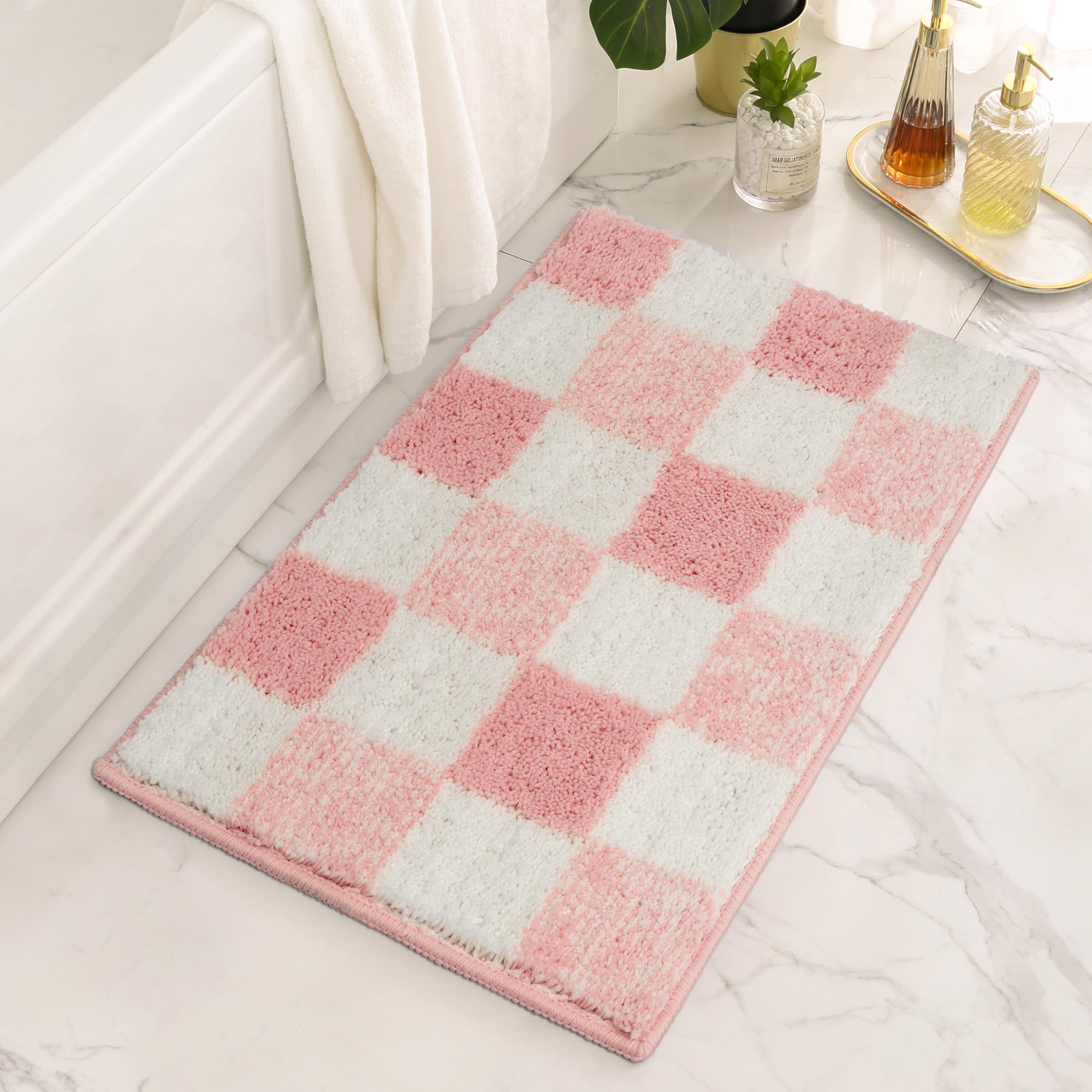 Checkered Bathroom Rugs, Fluffy Rug, Absorbent Microfiber Ultra Soft Bath Mat Washable, Non-Slip Bath Mats for Bathroom, Cute Floor Mat