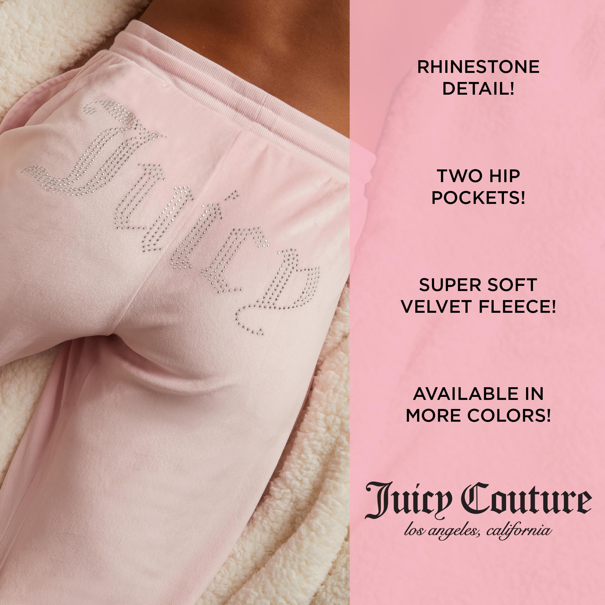Juicy Couture Women's Velvet Fleece Lounge Pajama Pants with Rhinestone Accents