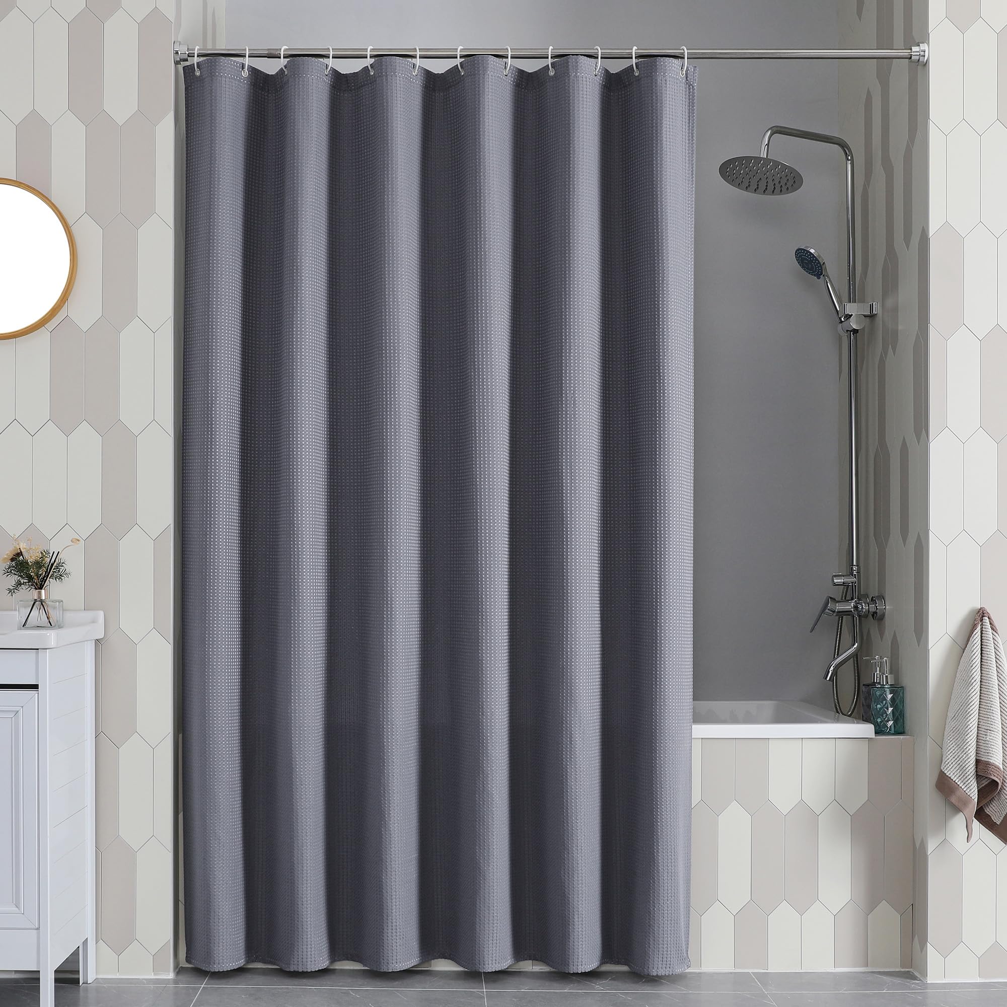 Waffle Textured Heavy Duty Fabric Shower Curtain for Bathroom, Luxury Hotel Weighted 230GSM Bath Curtain with 12 Plastic Hooks, Machine Washable, 72x72