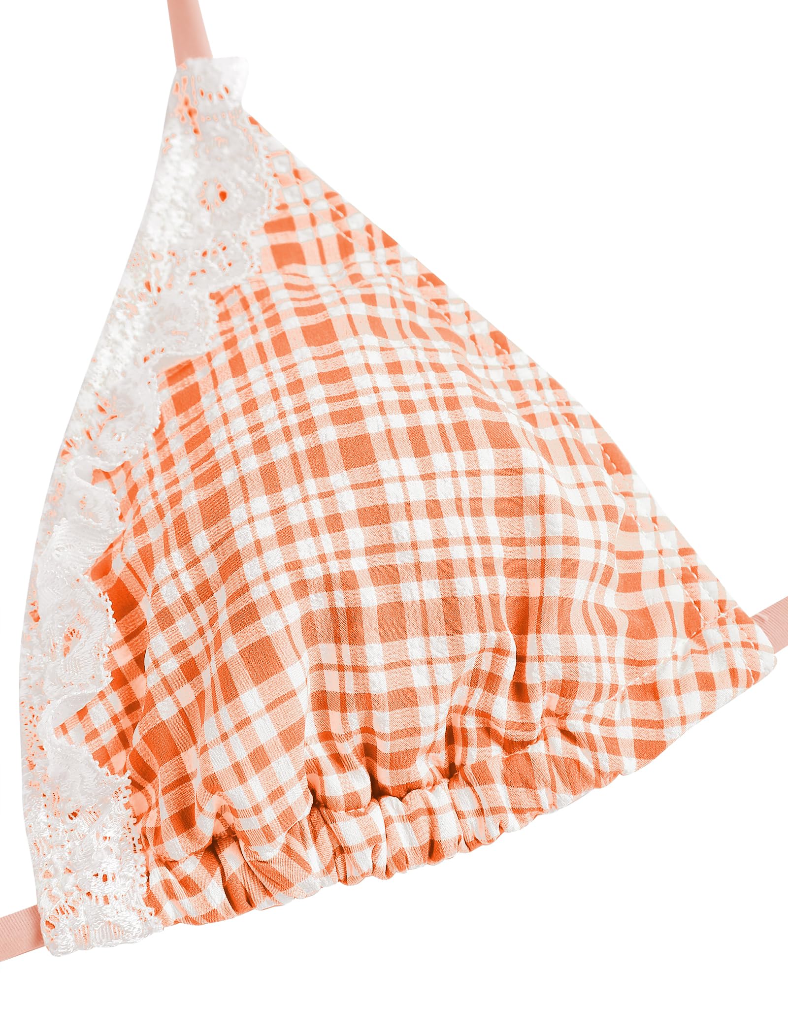 Women's Triangle Bikini Lace Frilled Ruffles Gingham Print Tie Side Spaghetti Strap 2 Pieces Bikini Swimsuit