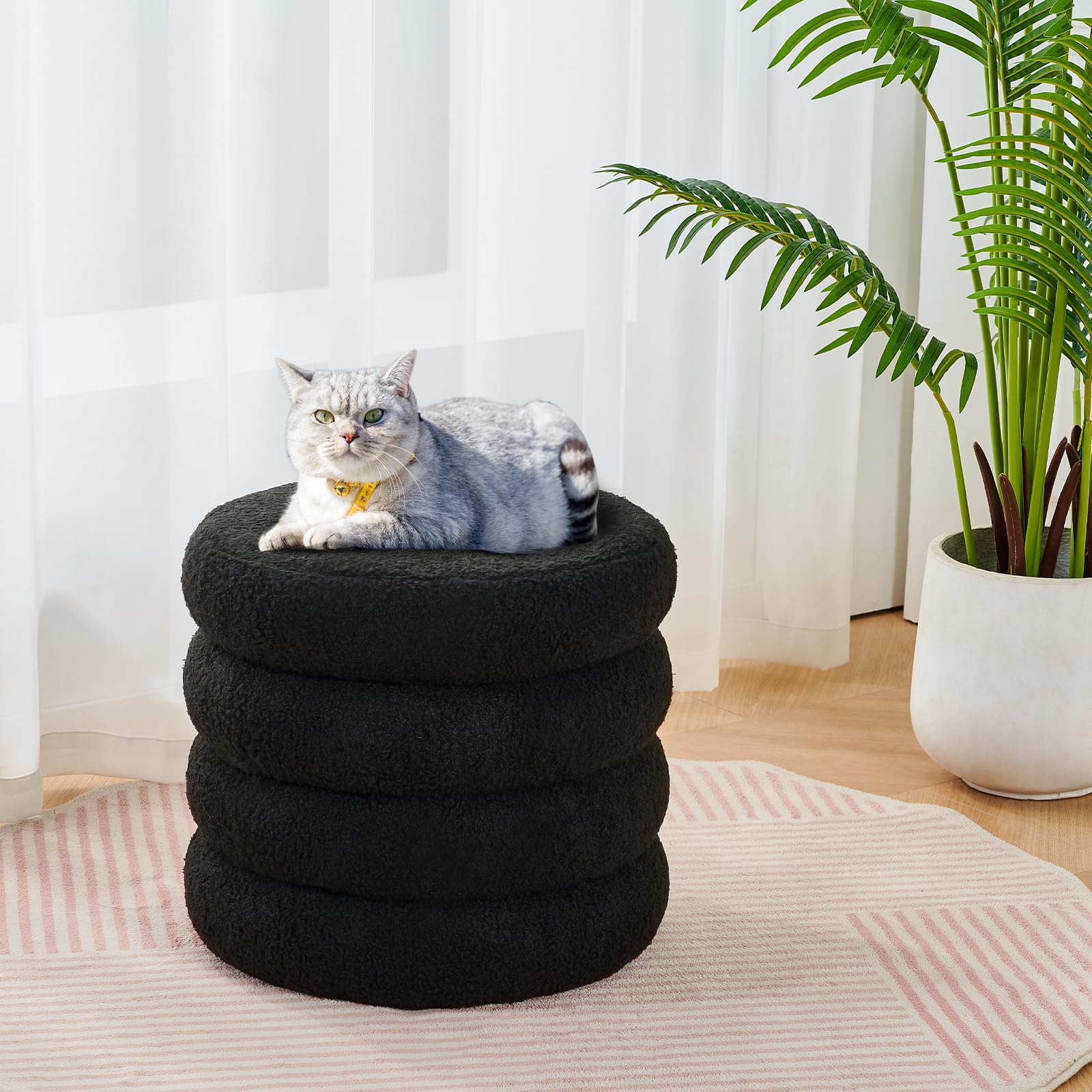 Round Storage Ottoman, Modern Sherpa Footstool with Flip-Top