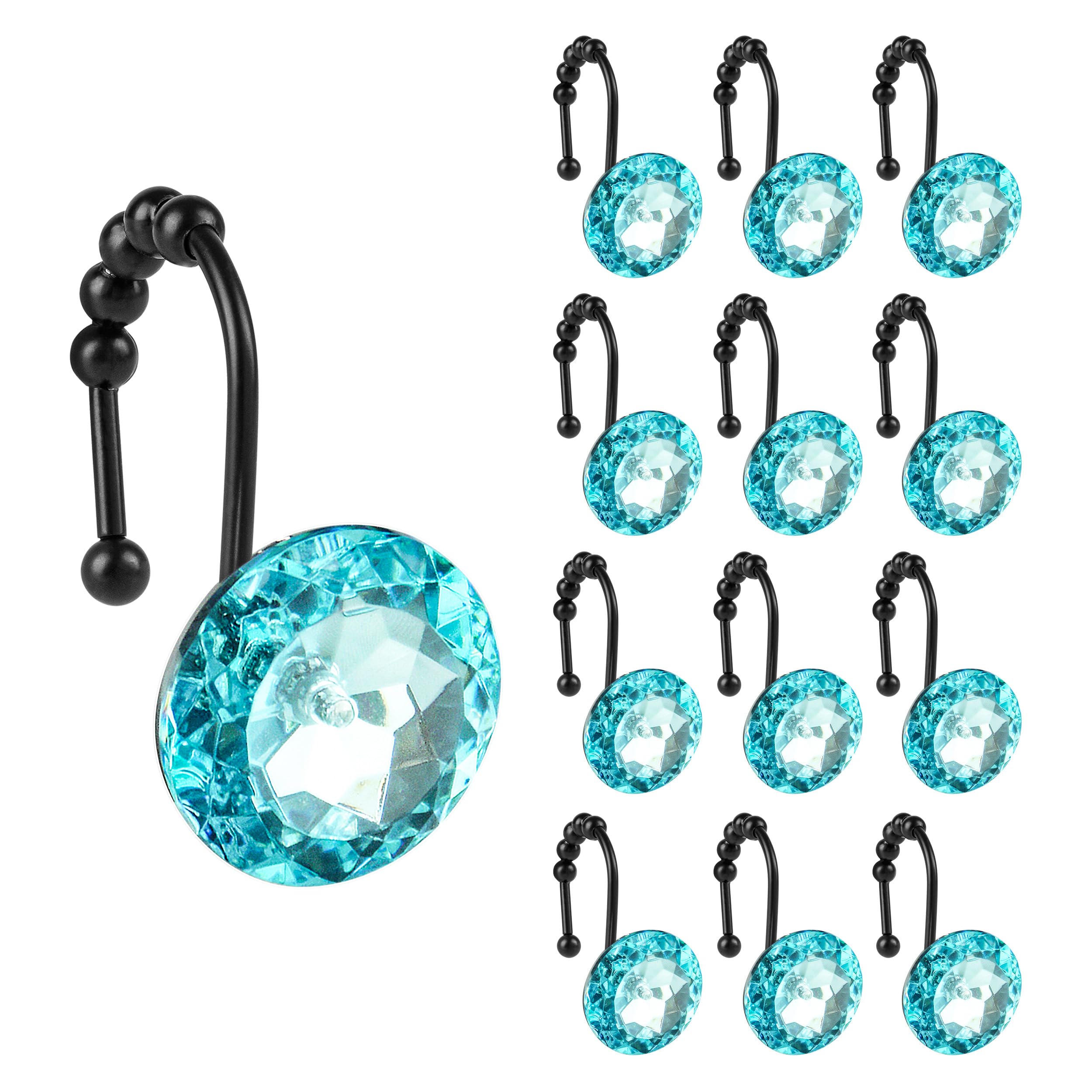 Luxury Design Round Diamond Crystal Gem Bling with Glide Balls Shower Curtain Hooks, Rust Proof Metal Rhinestones Glam Shower Curtain Rings-12 Pack