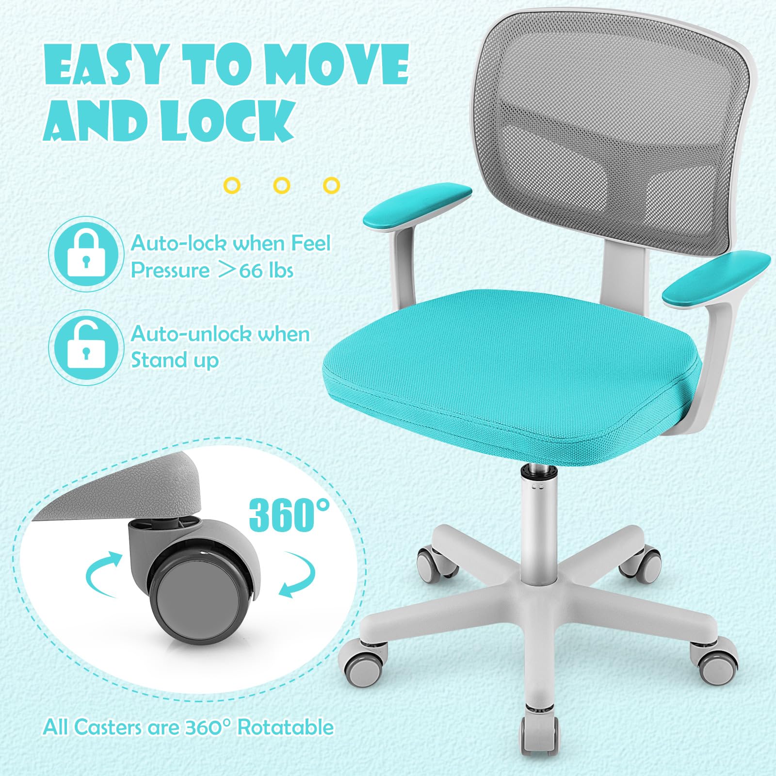 Swivel Adjustable Mesh Study Chair with Wheels & Arms, Ergonomic Computer Task Chair with Lumbar Support