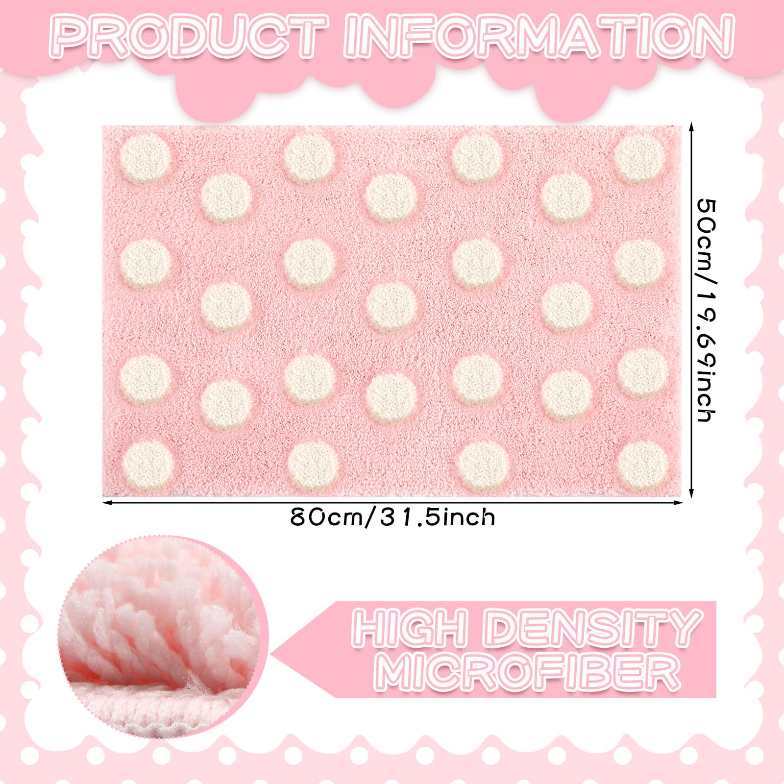 Pink Aesthetic Preppy Bathroom Rugs White Pink Bath Mats Non Slip Washable Tufted Cute Bathroom Mat Absorbent Bath Rug for Home, Tub, Floor Carpet, 32 x 20''(Polka Dot)