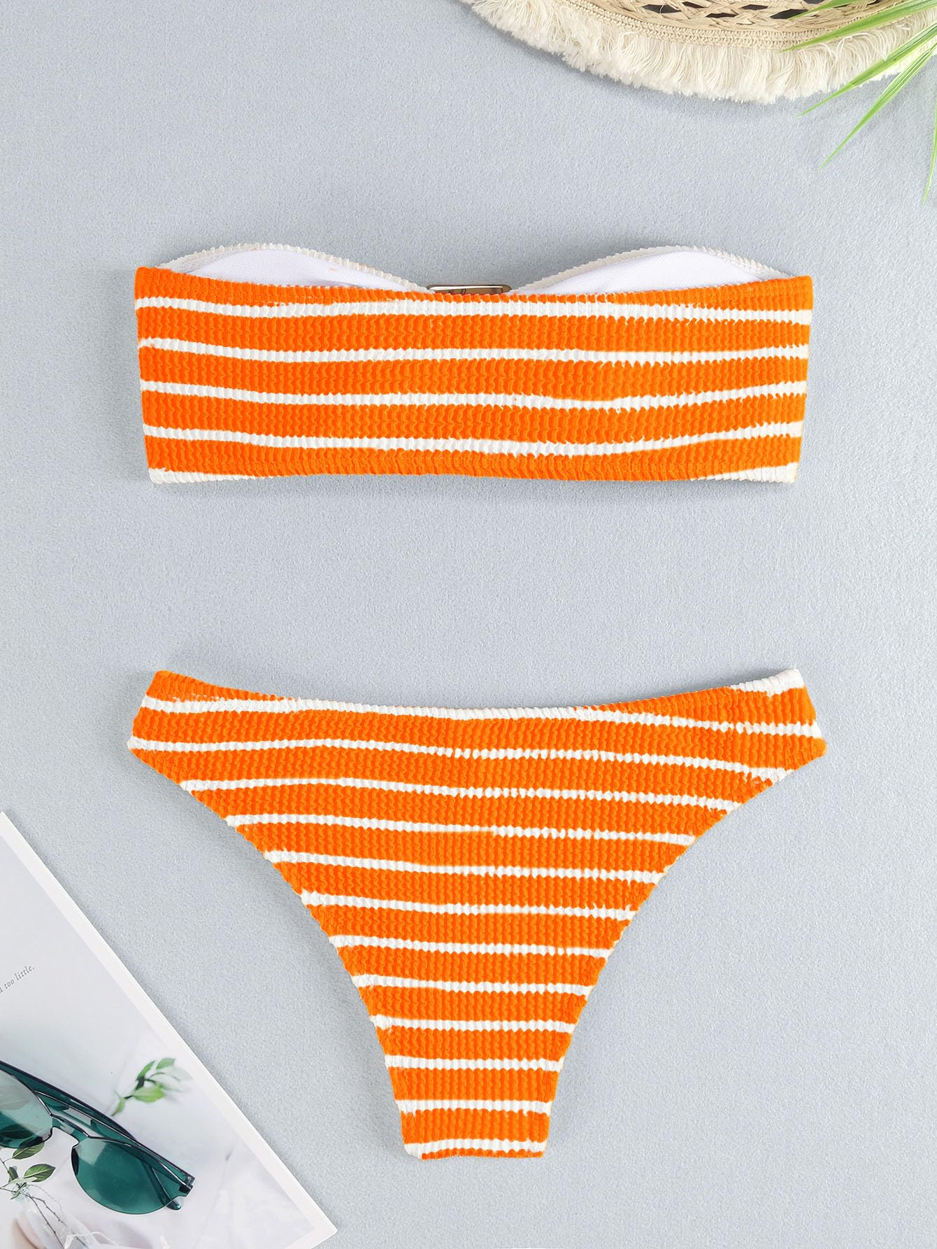 Women's 2 Piece Strapless Swimsuit Striped Bandeau High Waisted Thong Bikini Set Bathing Suit