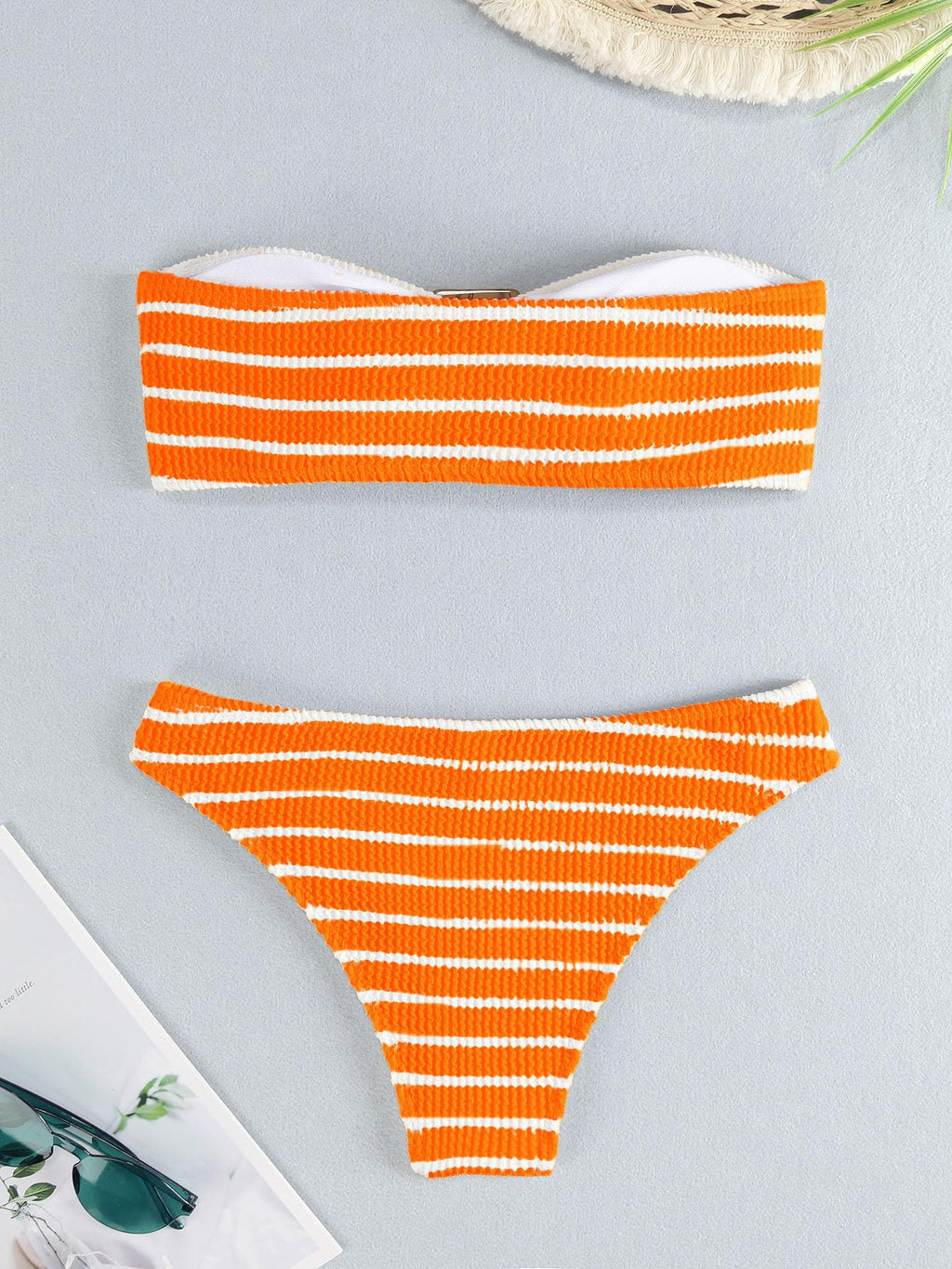 Women's 2 Piece Strapless Swimsuit Striped Bandeau High Waisted Thong Bikini Set Bathing Suit
