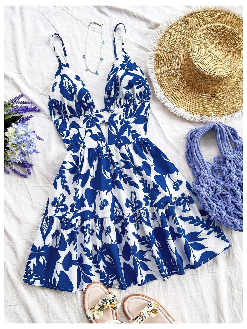 Women's Sleeveless Butterfly Print Cut Out V Neck Tiered Mini Cami Dresses