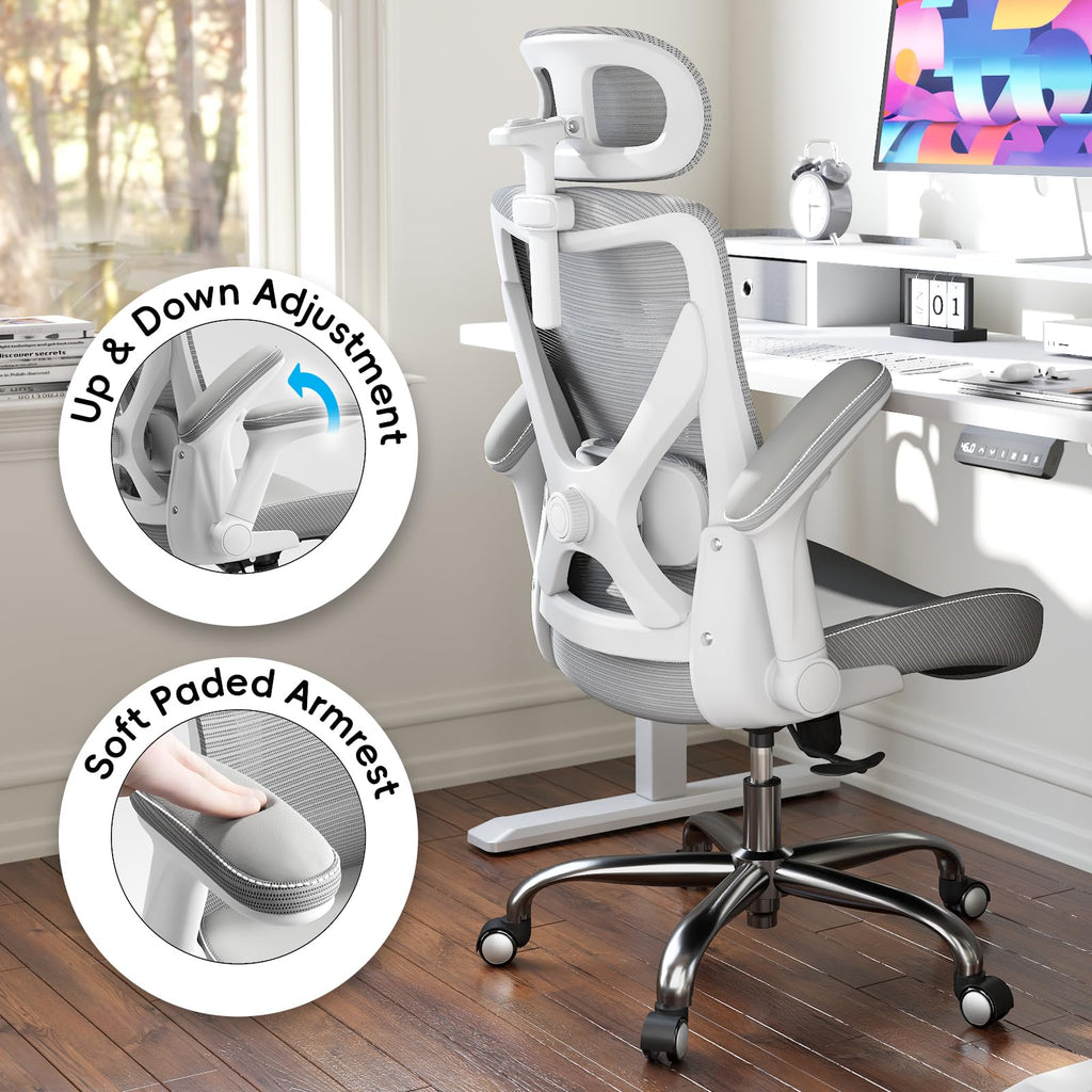 Ergonomic Desk Chair-Computer X-Shaped Chair Mesh PU Leather with Adjustable Lumbar Support-Executive Chair High Back with Headrest Flip-Up Arms for Long Hours