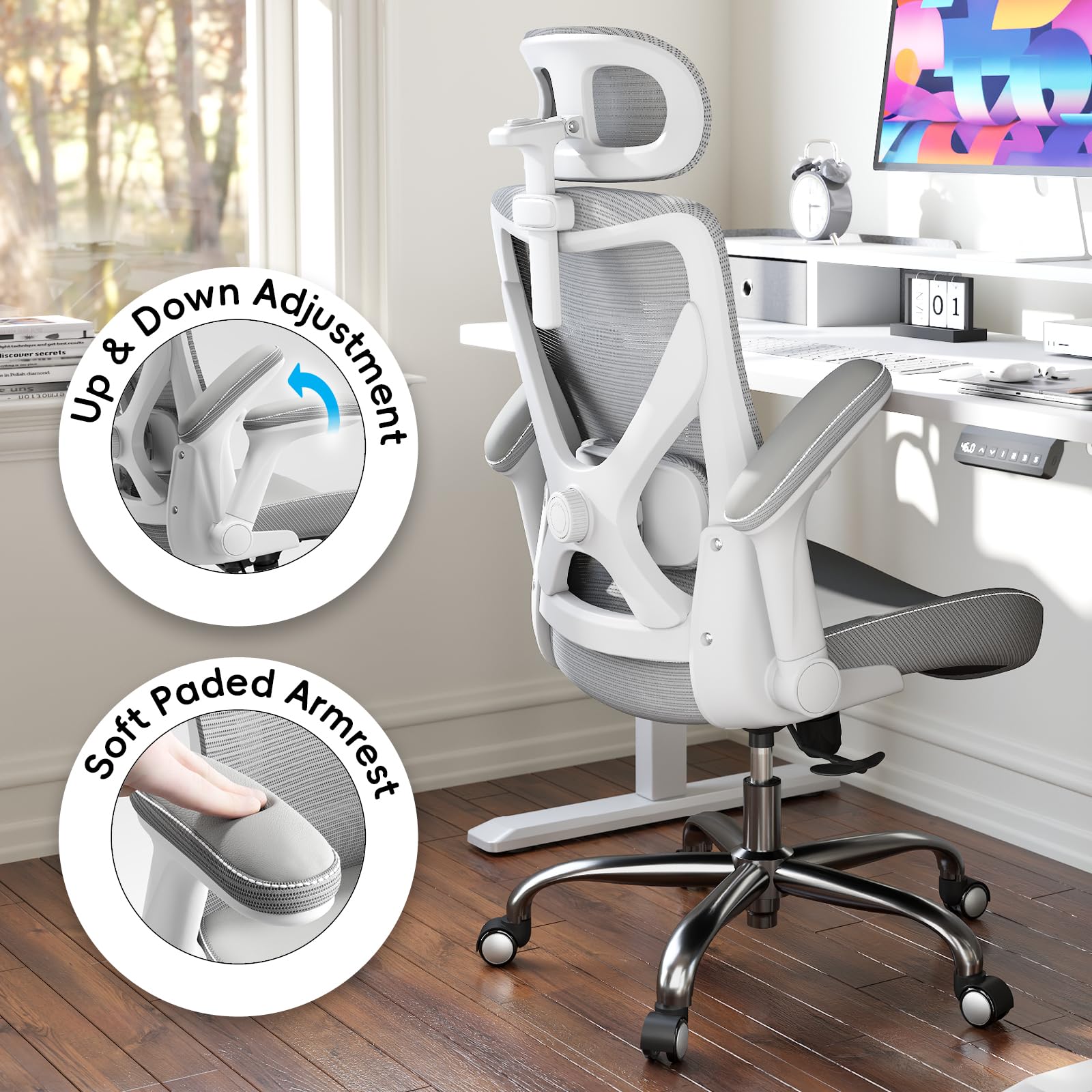 Ergonomic Desk Chair-Computer X-Shaped Chair Mesh PU Leather with Adjustable Lumbar Support-Executive Chair High Back with Headrest Flip-Up Arms for Long Hours