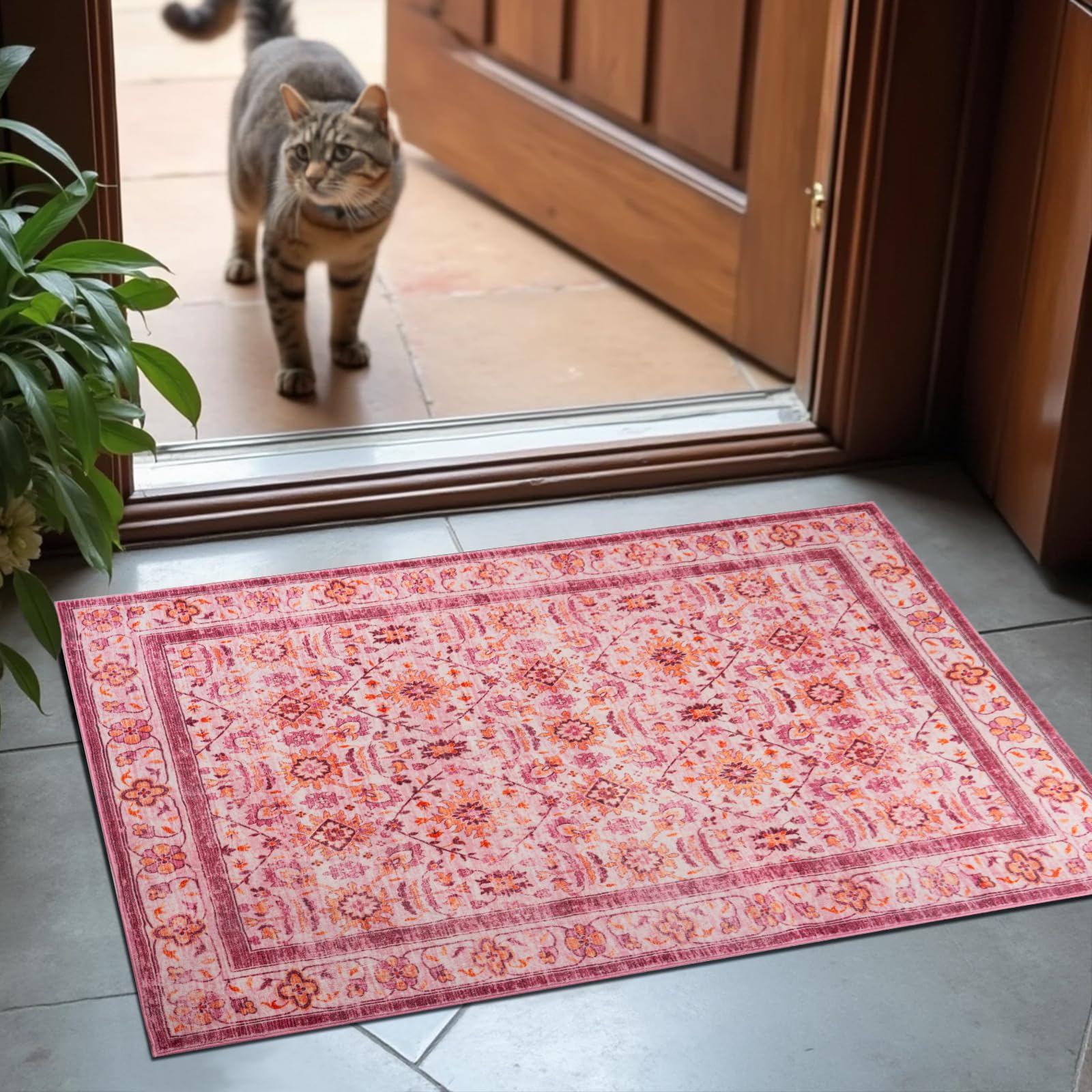 Washable Area Rugs Door Mat Entryway Vintage Floral Non-Slip Low Pile Entrance Thin Rug Carpet for Kitchen Bathroom Living Room Pink