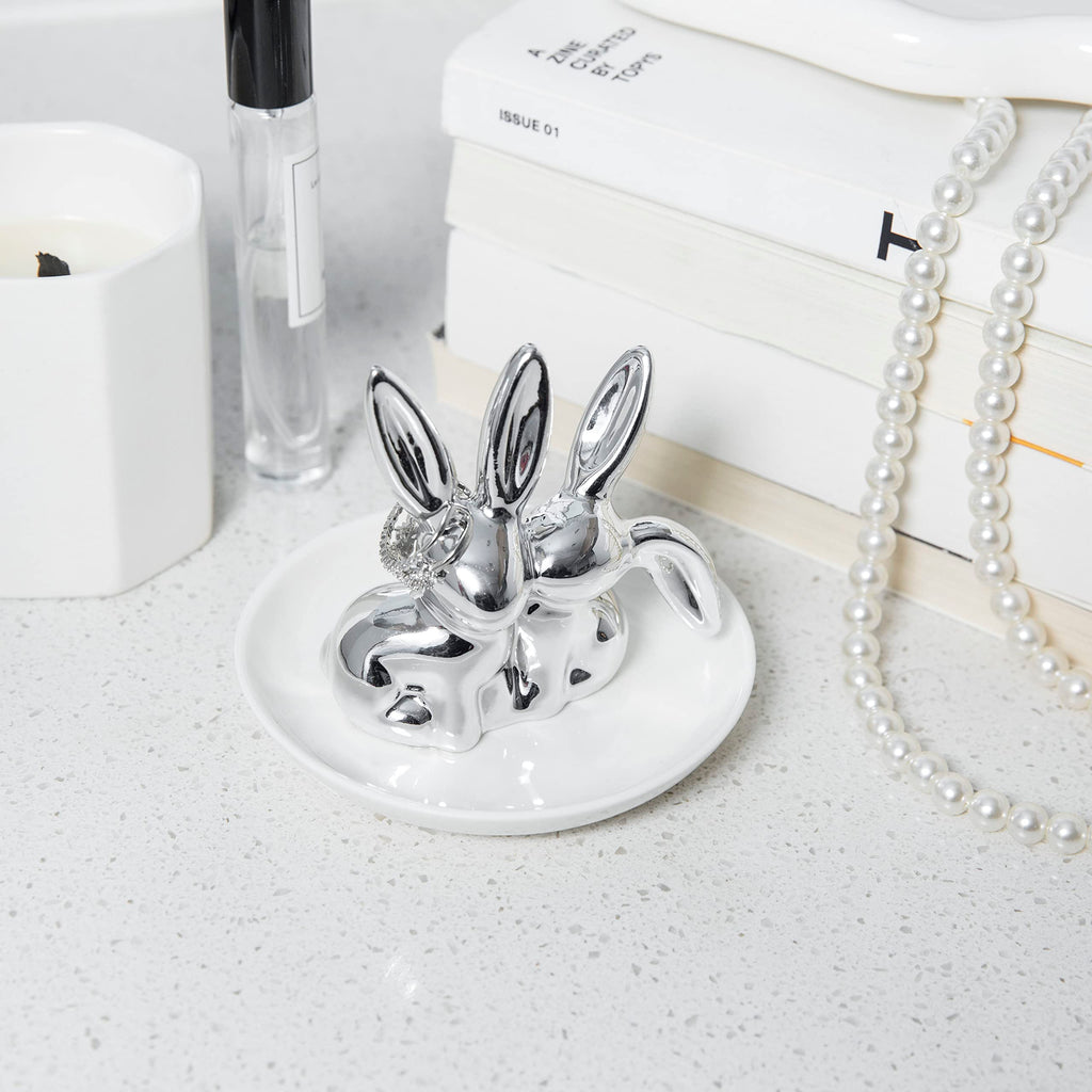 Ceramic Bunny Ring Holder - Rabbit Ring Dish Jewelry Holder Dish Trinket tray for Rings Earrings Necklace Organizer