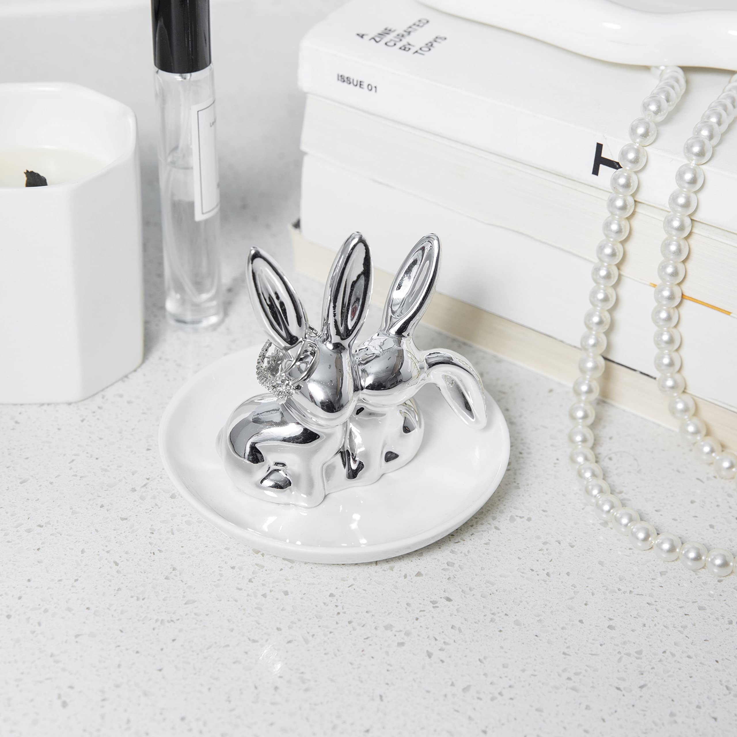 Ceramic Bunny Ring Holder - Rabbit Ring Dish Jewelry Holder Dish Trinket tray for Rings Earrings Necklace Organizer