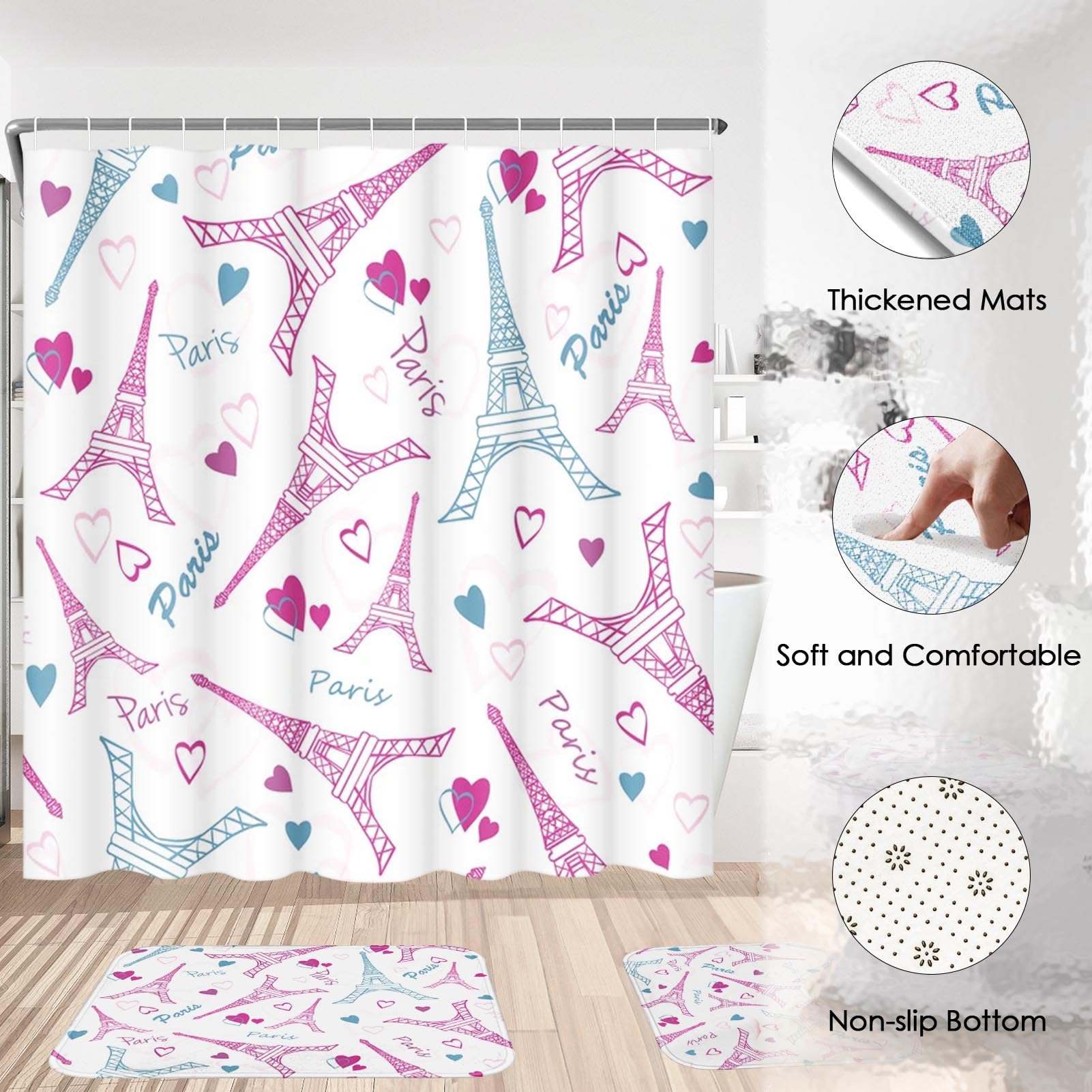 Vintage 4 Pcs Bathroom Sets with Shower Curtain and Rugs, Shower Curtain Sets for Bathroom Decor with 12 Hooks