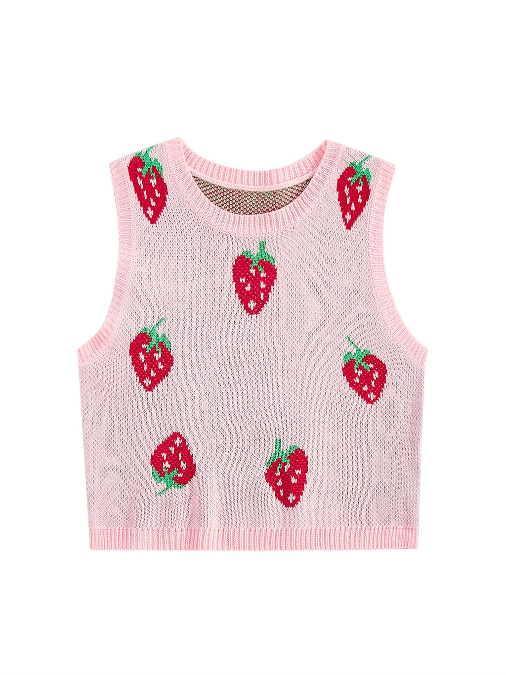 Women's Sleeveless Round Neck Cute Strawberry Sweater Vest Crop Shirt Top