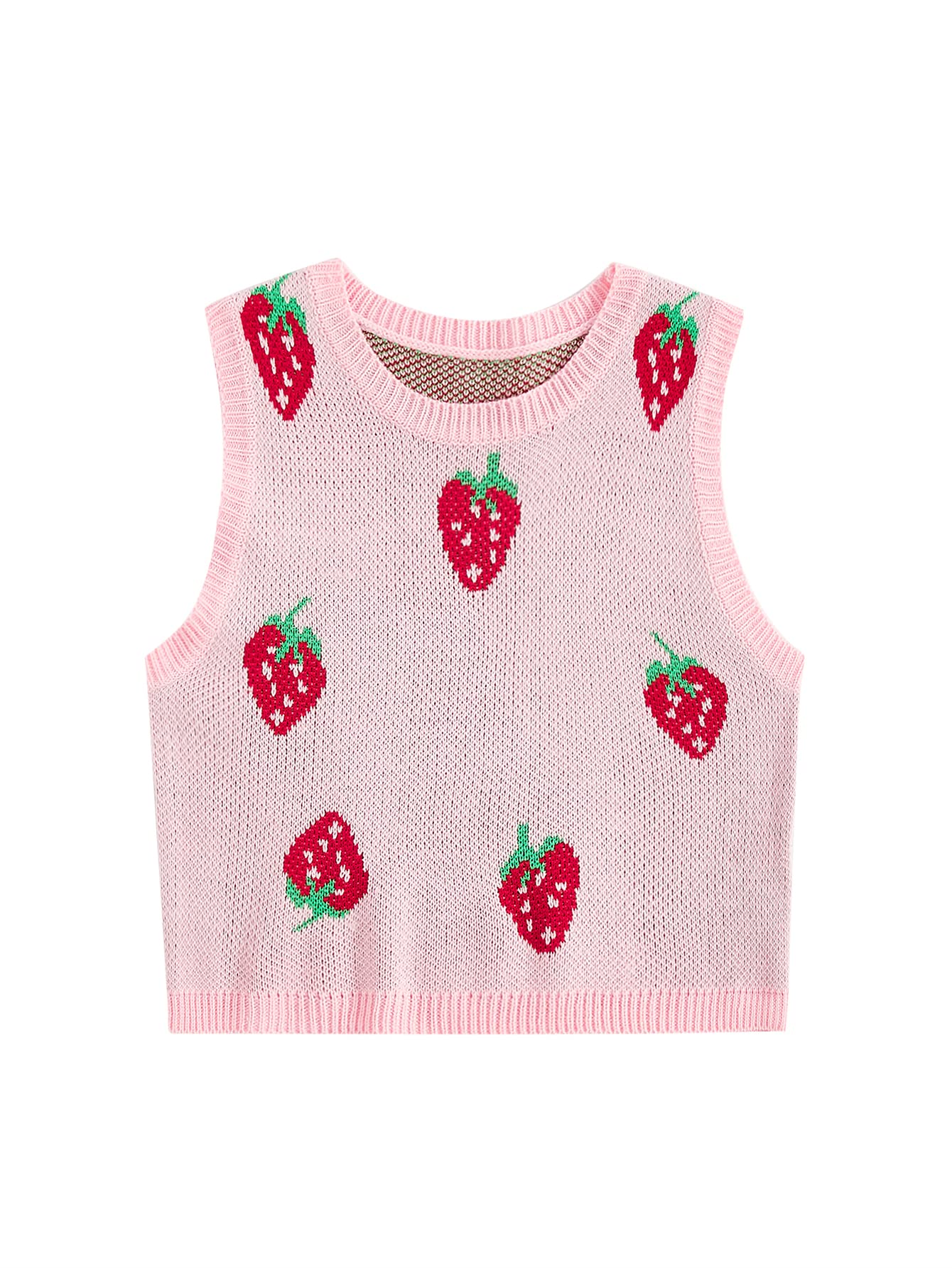 Women's Sleeveless Round Neck Cute Strawberry Sweater Vest Crop Shirt Top