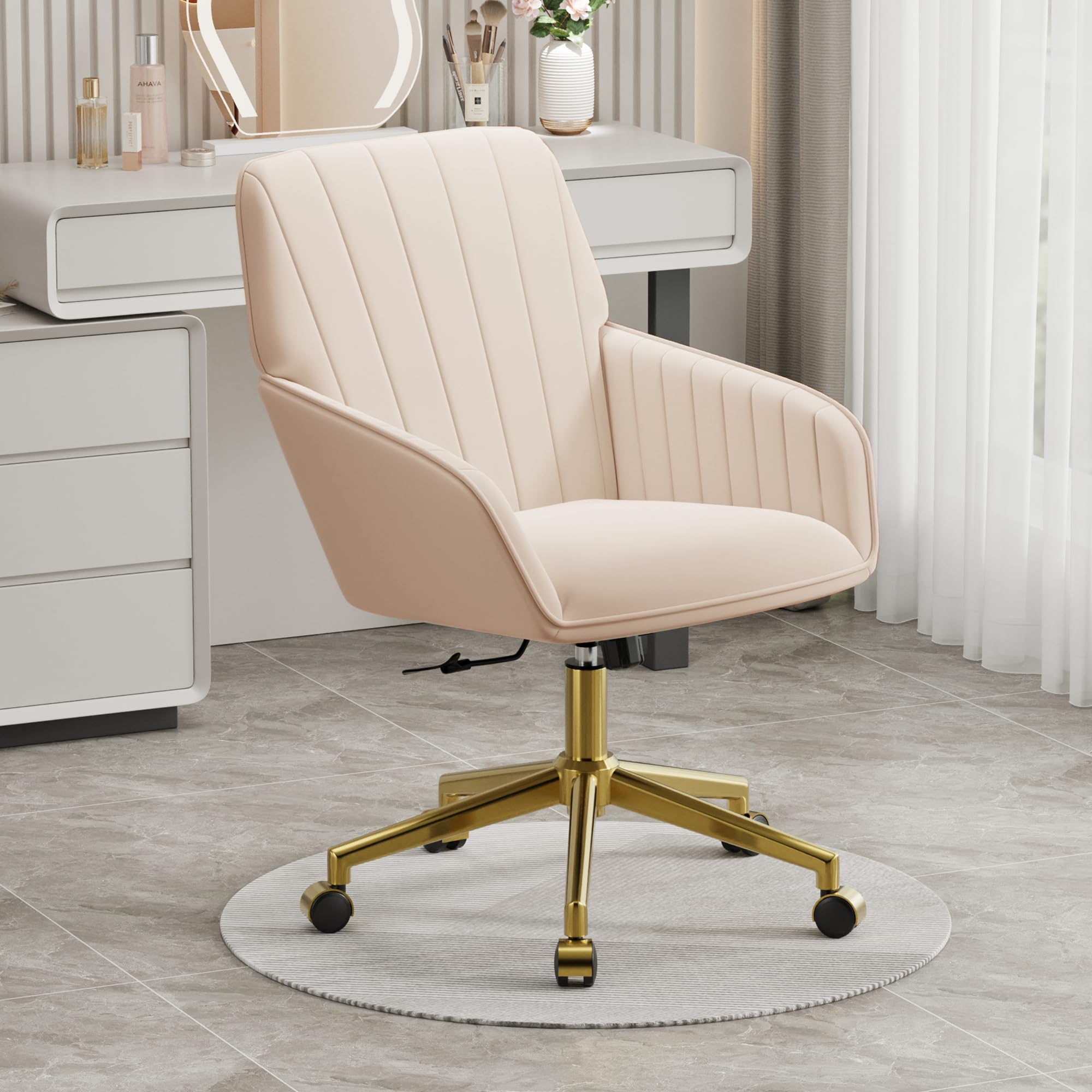 Velvet Modern Cute Chair with Back, Height Adjustable Upholstered Vanity Chair with Swivel Wheels