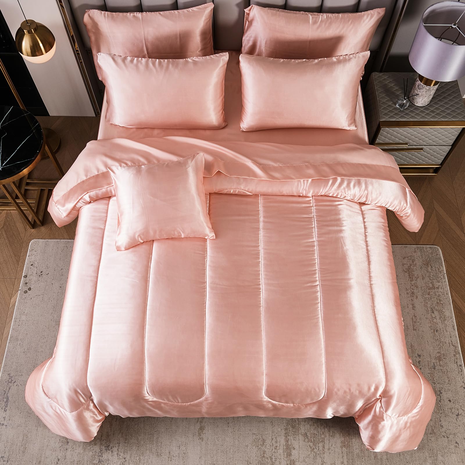 Satin Comforter Set with Sheet Set Full Silk Like Hot Pink Bed in a Bag Luxury Silky Bedding with 1 Comforter, 1 Flat Sheet, 1 Fitted Sheet, 4 Pillowcases, 1 Cushion Cover (Full, Hot Pink)