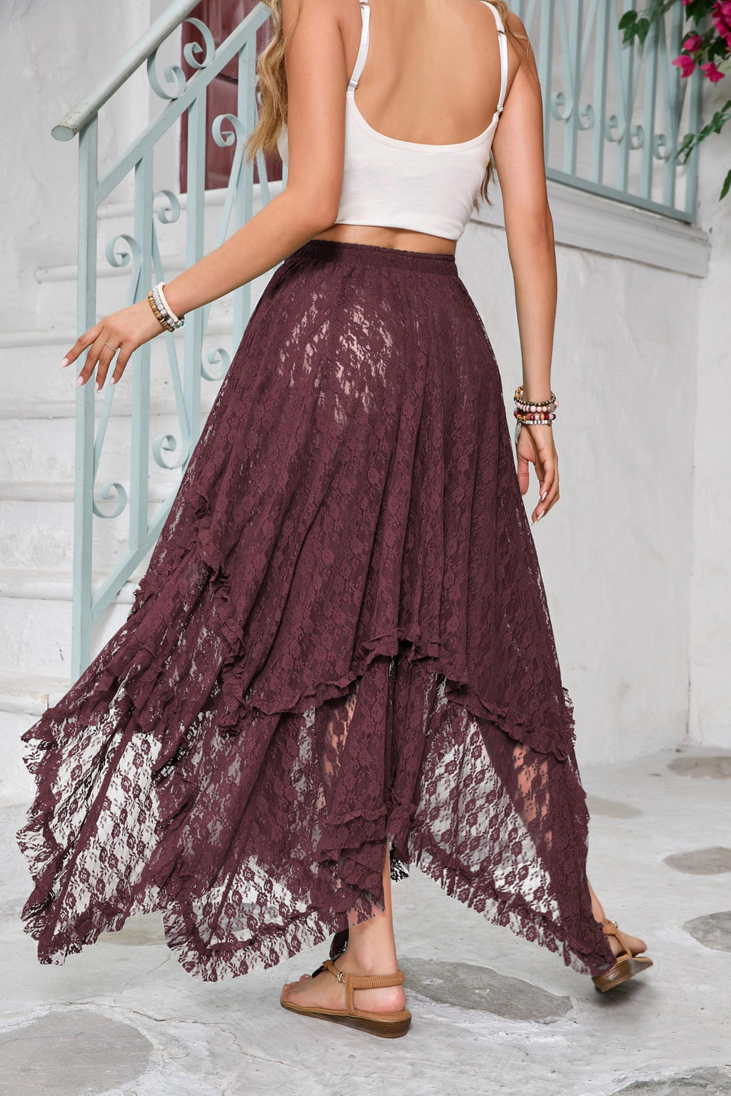 Women Lace Long Skirts Summer Elastic Asymmetrical Layered Hem Sexy See-Through Beach Floral Maxi Skirts