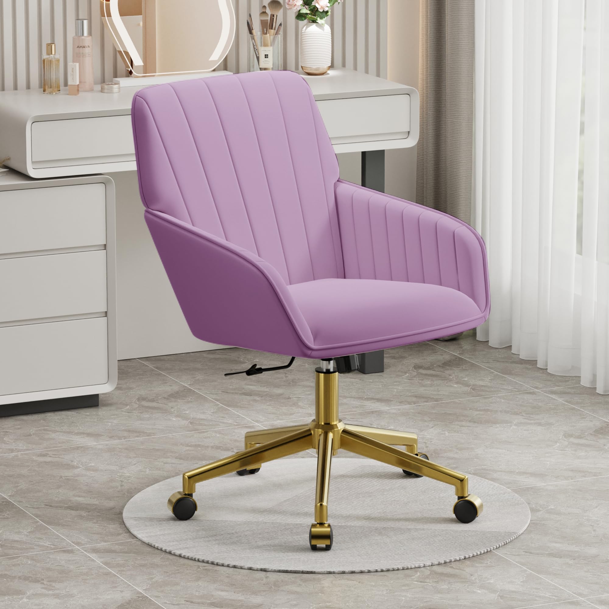 Velvet Modern Cute Chair with Back, Height Adjustable Upholstered Vanity Chair with Swivel Wheels