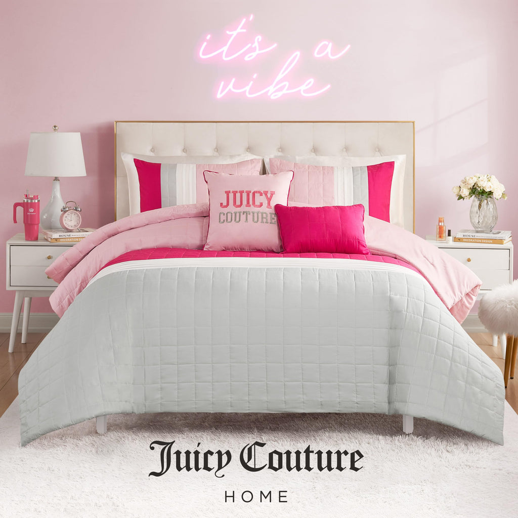Juicy Couture Color Blocked King Striped 5-Piece Comforter Set - Pink/White/Grey Designer Bedding Set