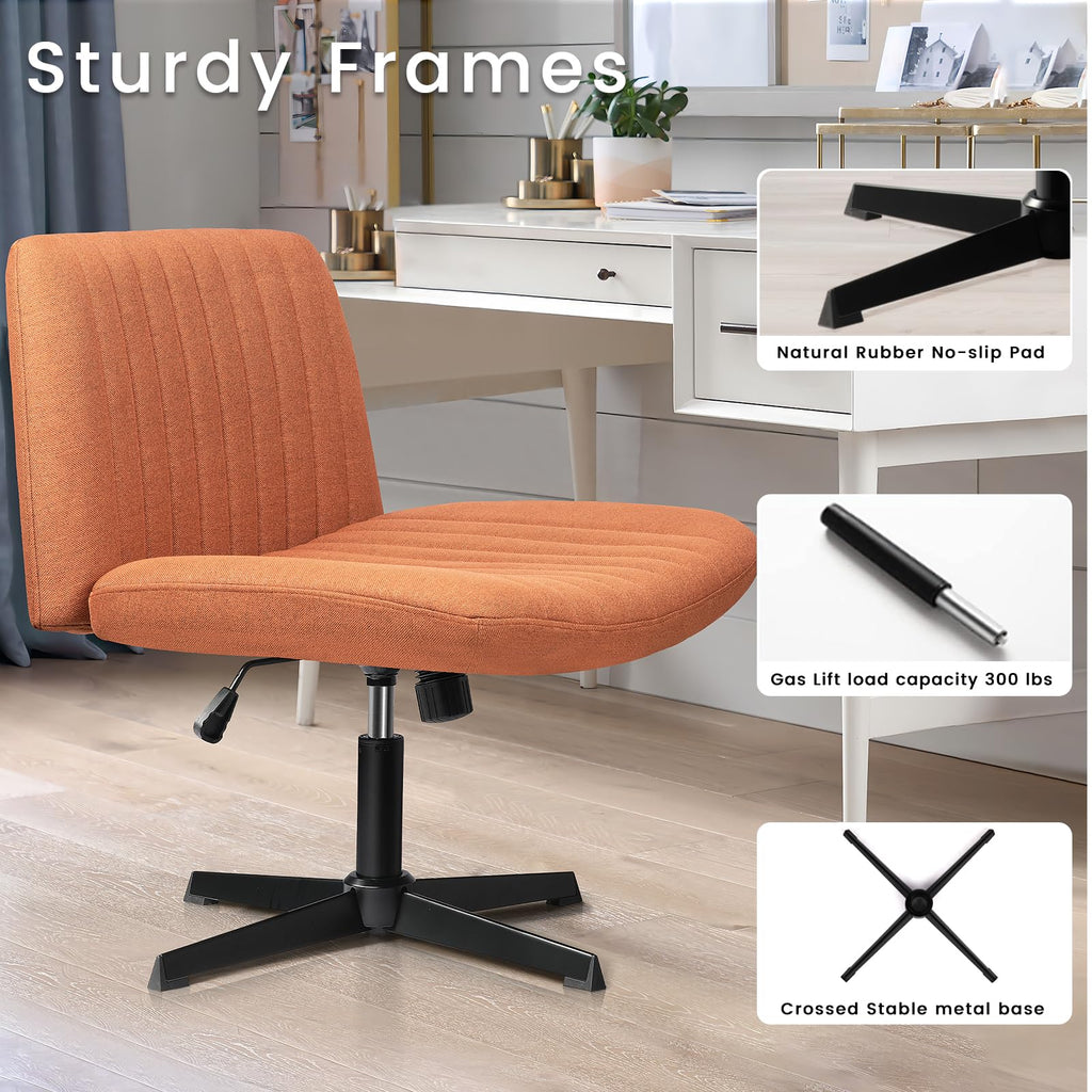 Criss Cross Chair, Armless Cross Legged Office Desk Chair No Wheels, Fabric Padded Modern Swivel Height Adjustable Mid Back Wide Seat