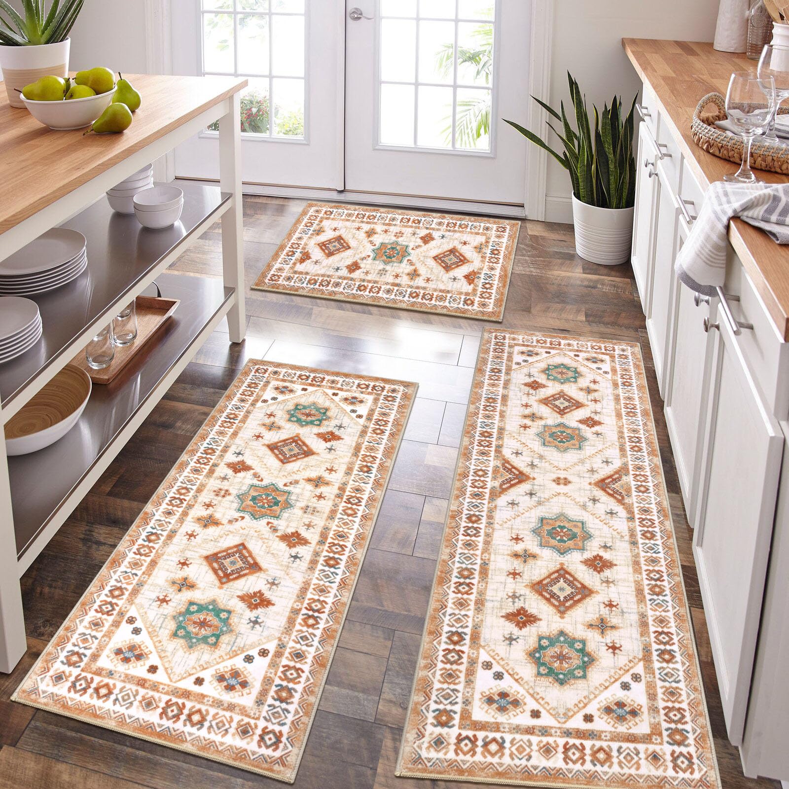 Thick Boho Kitchen Rug Sets 3 Piece with Runner Non Slip Kitchen Rugs and Mats Washable Kitchen Mats