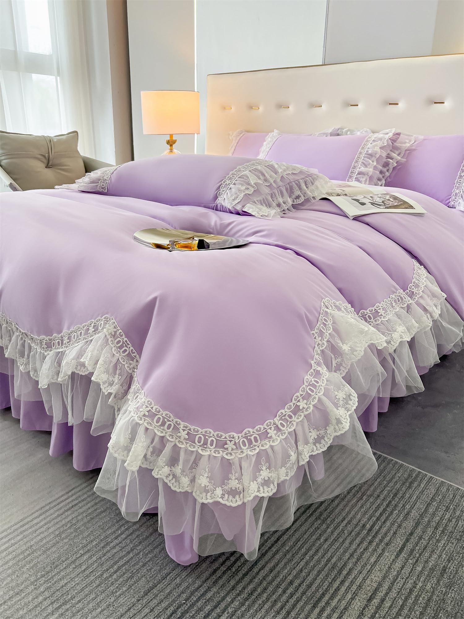 Chic Ruffle Lace Polyester Duvet Cover Set -Bedding-2 Piece Duvet Cover with Zipper Closure -Ultra Soft and Light Weight