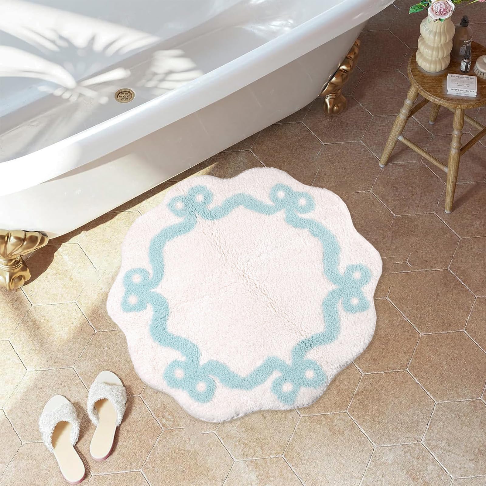 Coquette Bow Bathroom Mat Non Slip Bow Rug Cute Scallop Carpet Room Decor Microfiber Absorbent Bath Rug
