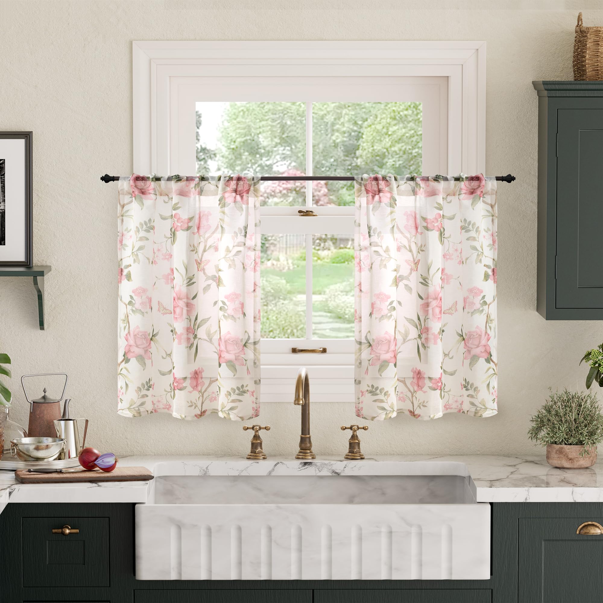Floral Sheer Curtains, Vintage Light Filtering Semi-Sheer Linen Curtains