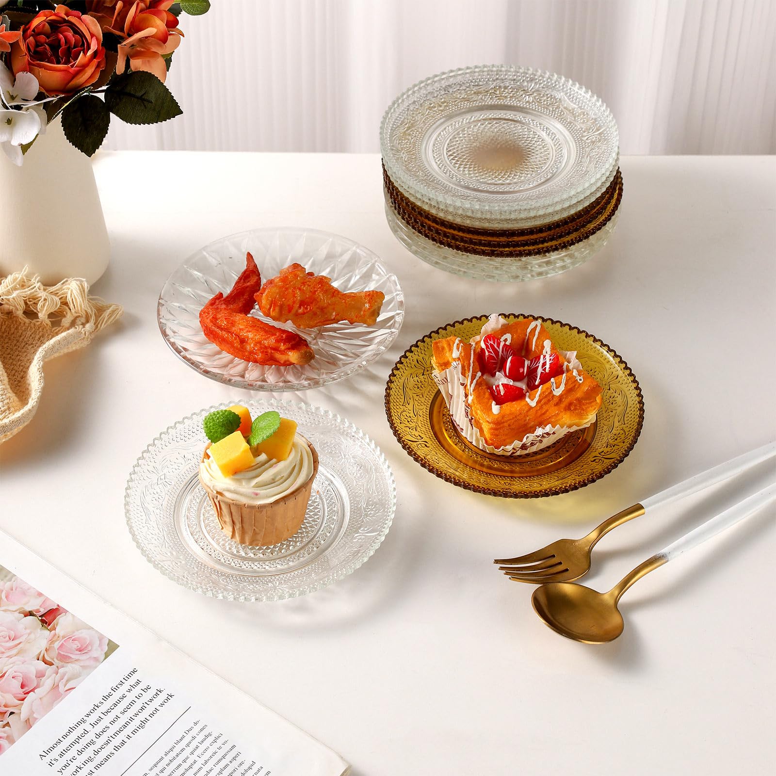 Glass Plates 4 Pack Vintage Dinnerware Set Clear Floral Textured Dinner Plates