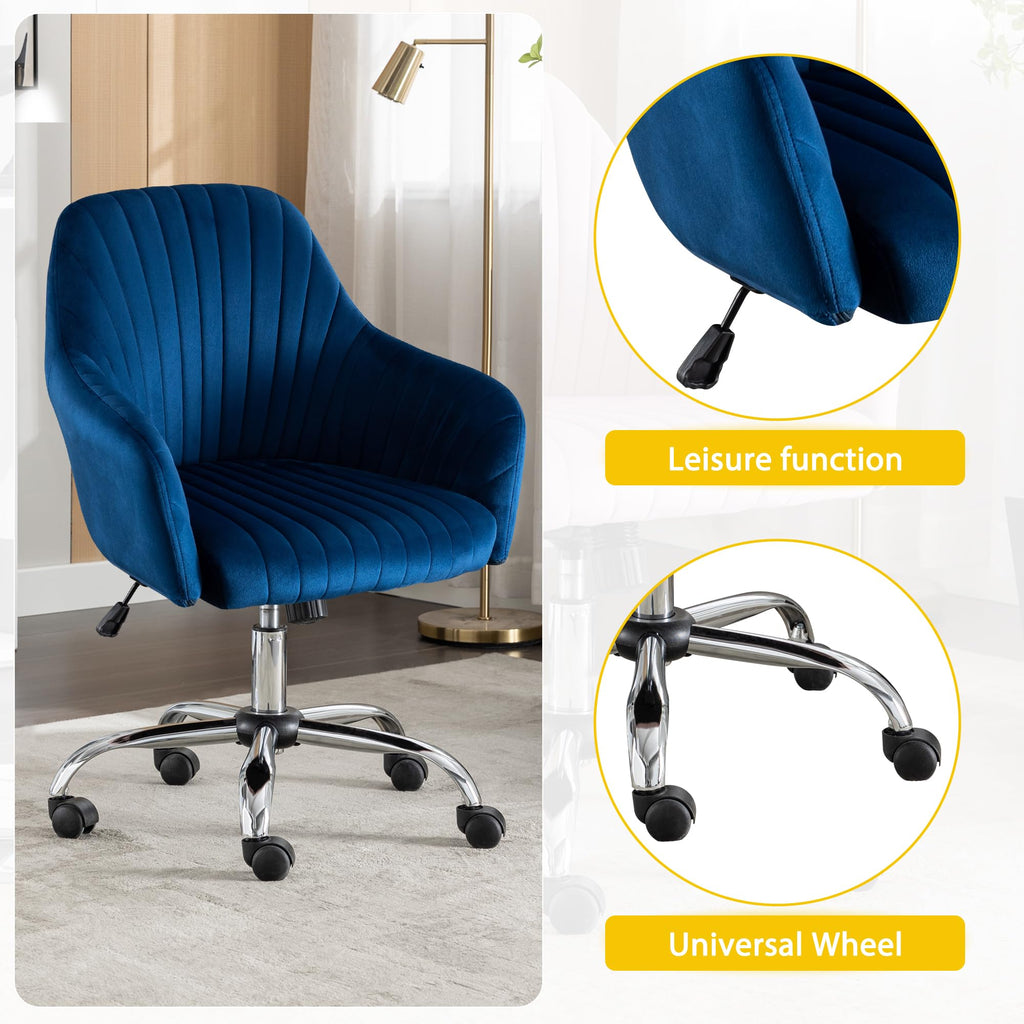 Modern Vanity Velvet Adjustable Low Back Rolling Chair, Twill Upholstered Cute Chair with Wheels