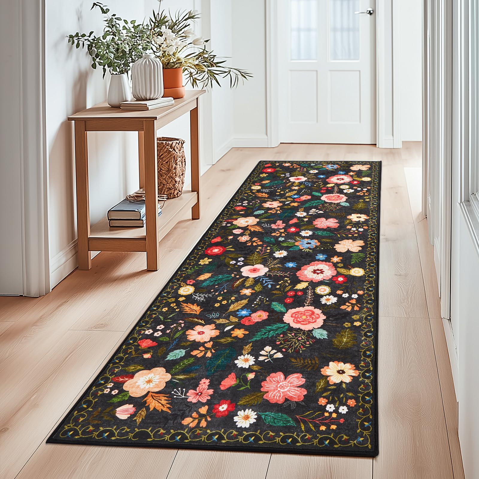 Boho Floral Vintage Rug for Home Washable Rugs Soft Low Pile, Non Slip Non-Shedding