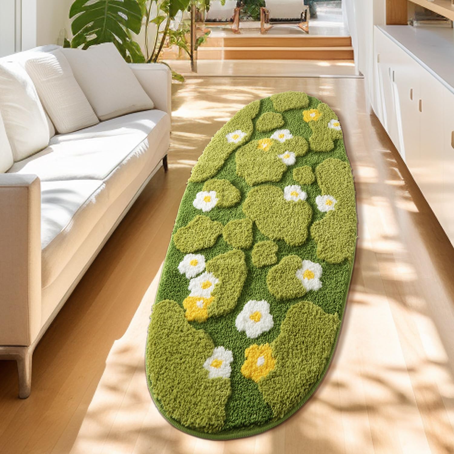 Green Moss Bathroom Rugs Bath Mat Non Slip, Ultra Soft Absorbent Aesthetic Decor Shaggy Tufted Flower Long Bath Rugs