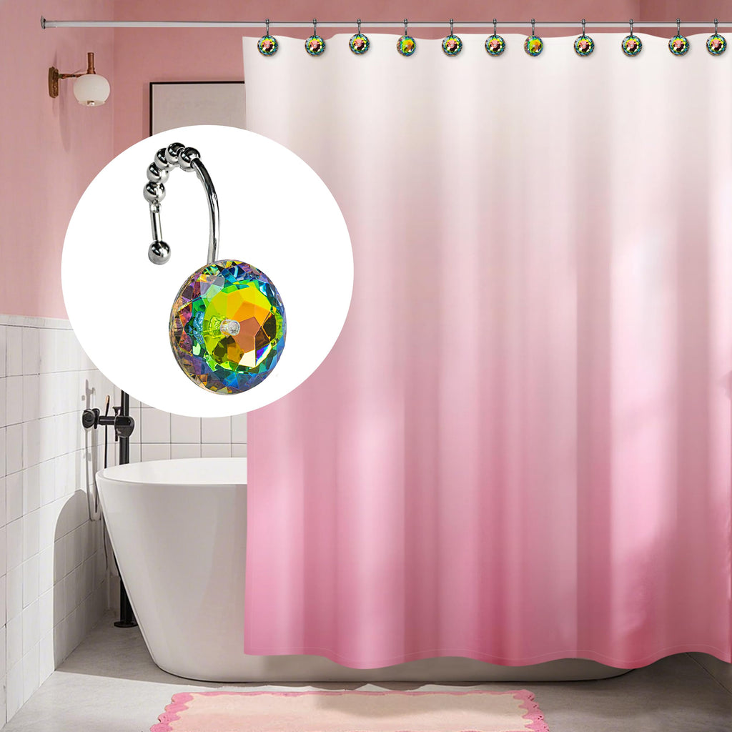 Luxury Design Round Diamond Crystal Gem Bling with Glide Balls Shower Curtain Hooks, Rust Proof Metal Rhinestones Glam Shower Curtain Rings-12 Pack