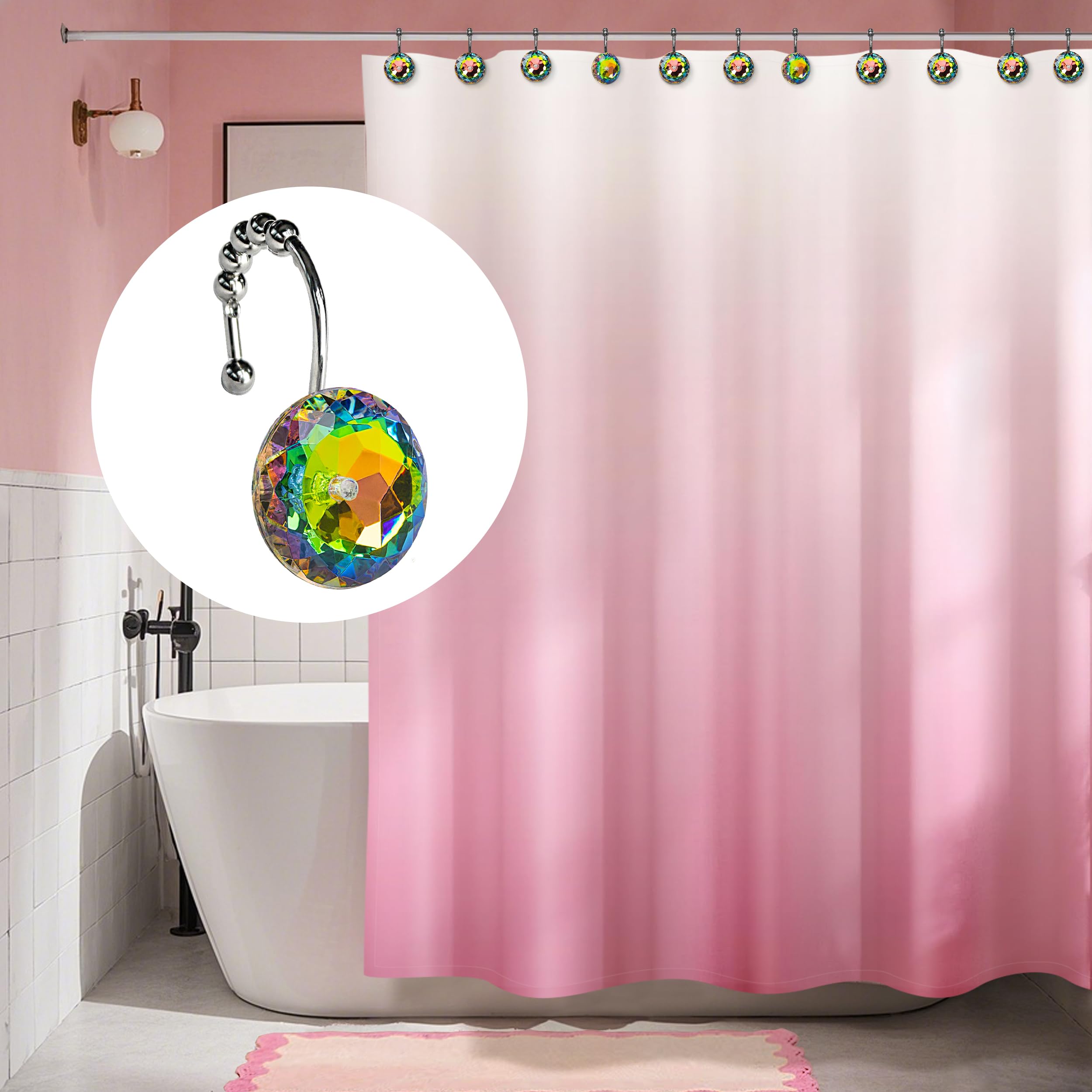 Luxury Design Round Diamond Crystal Gem Bling with Glide Balls Shower Curtain Hooks, Rust Proof Metal Rhinestones Glam Shower Curtain Rings-12 Pack