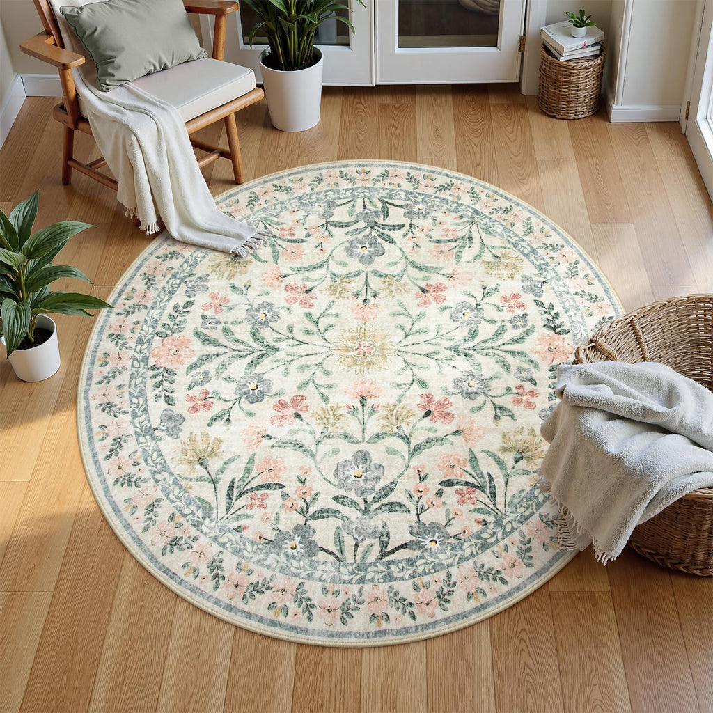 Machine Washable Boho Soft Floral Carpet Non Slip, Indoor Ultra-Thin Floor Carpet for Kid Room Living Room Dorm