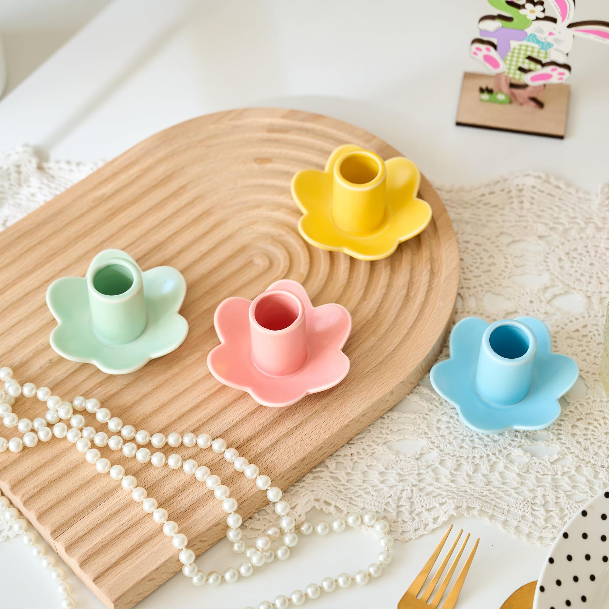 Colorful Ceramic Candlestick Holders Set of 4, Cute Taper Candle Holders Chic Flower Shaped Table Centerpiece