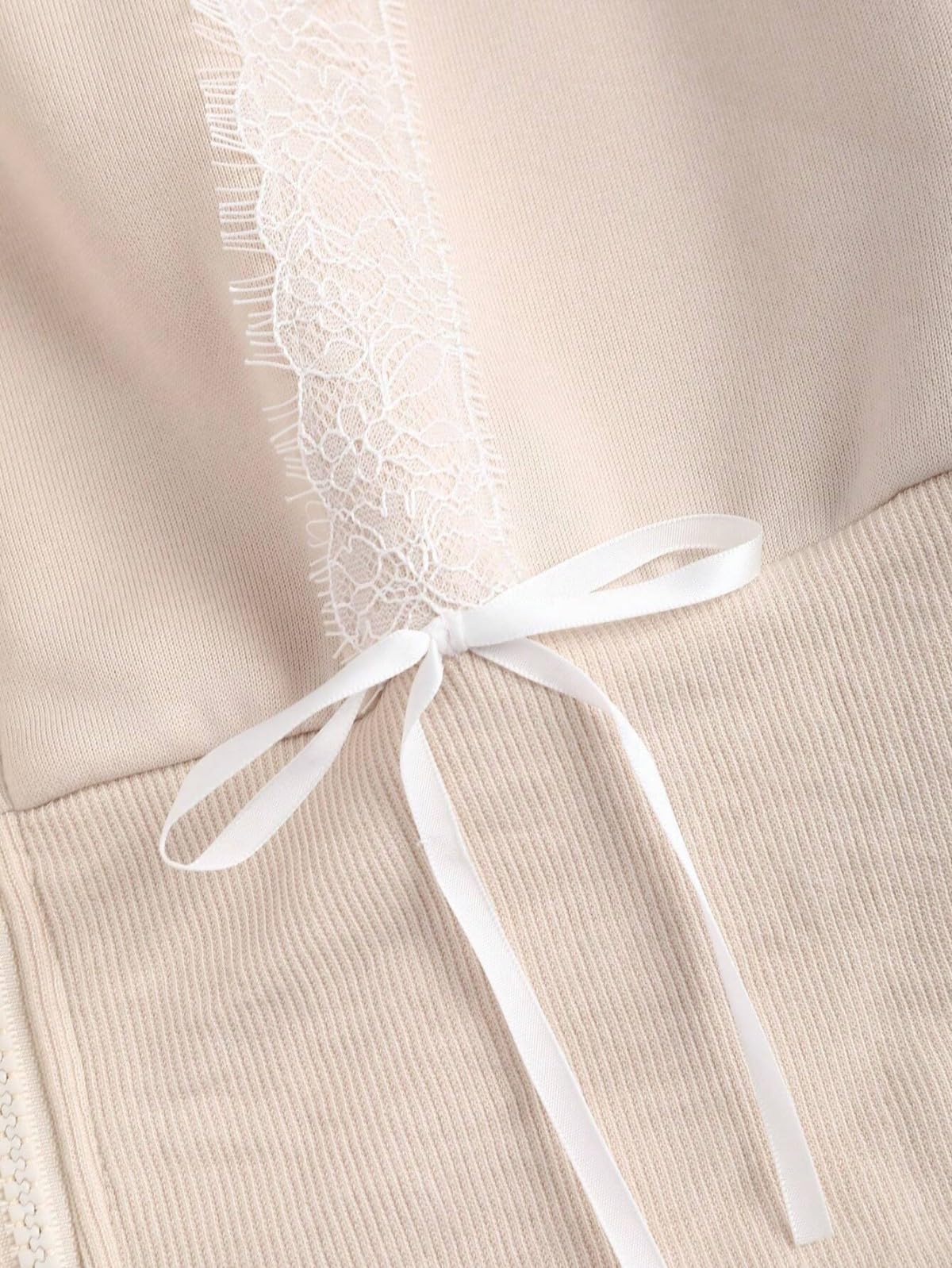 Women's Lace Patchwork Bow Zip-Up Crop Hoodie â€?Y2K Coquette Fleece Casual Hooded Sweatshirt