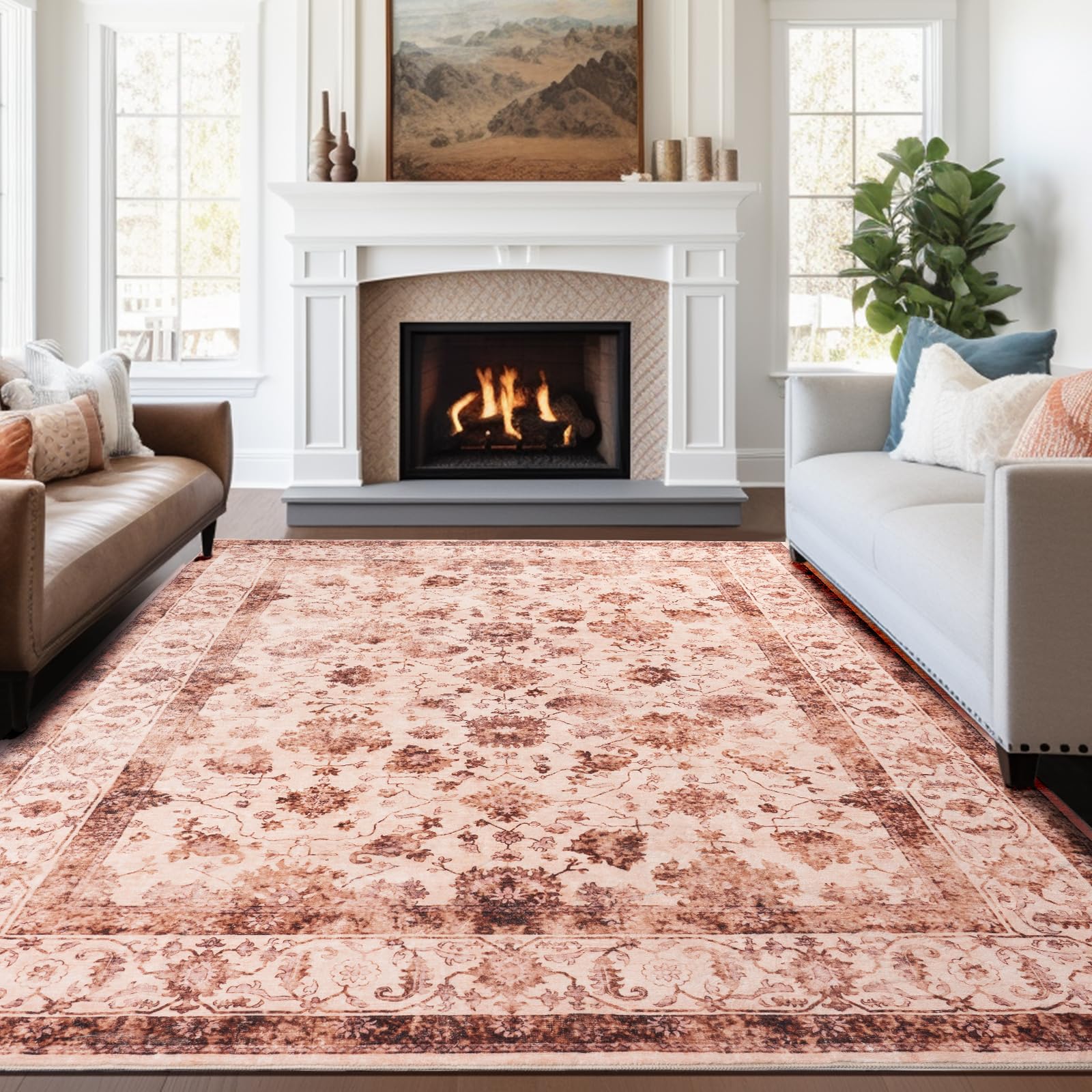 Washable Area Rugs Door Mat Entryway Vintage Floral Non-Slip Low Pile Entrance Thin Rug Carpet for Kitchen Bathroom Living Room Pink